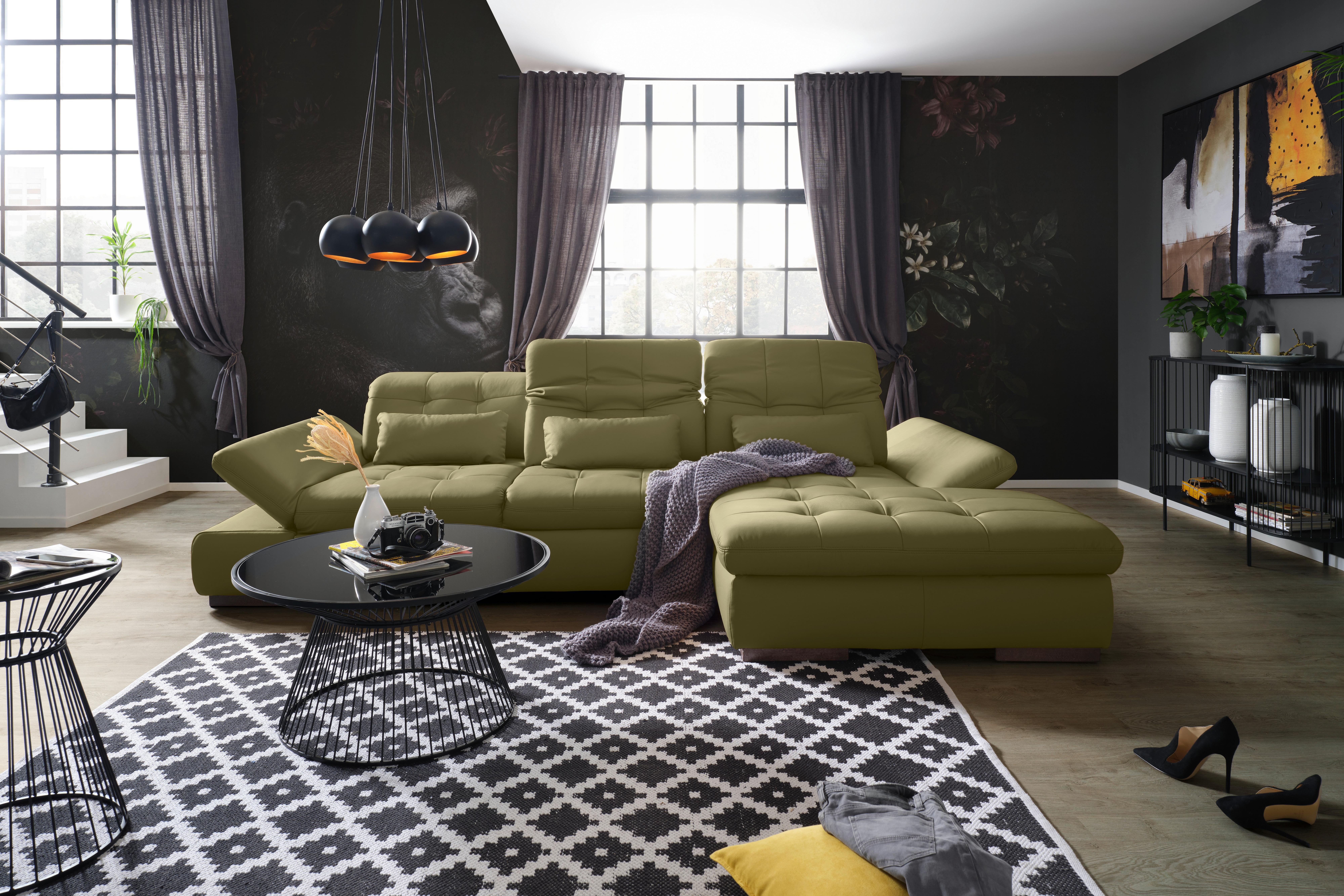 Rohová sedačka SANFINO, pravá, olivově zelená pravá kůže - barvy chromu/olivově zelená, Konvenční, kov/kůže (305/199cm) - Premium Living