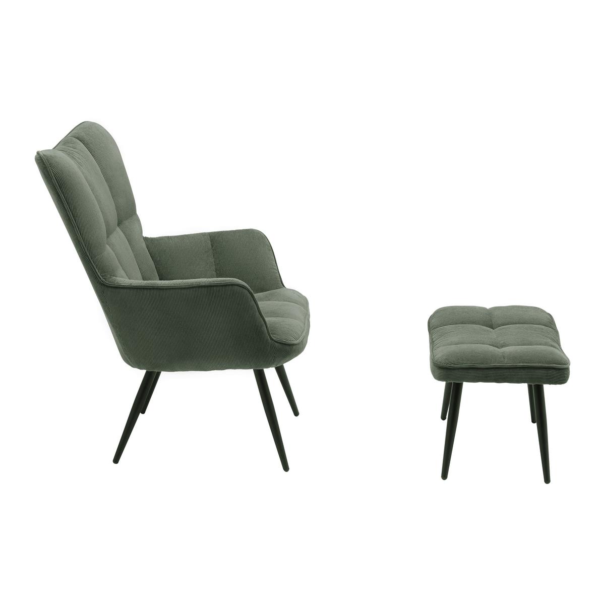 Křeslo s taburetem ALEX, zelený manšestr, max. 120 kg - černá/zelená, Moderní, kov/textil (68/100/78cm) - Mömax