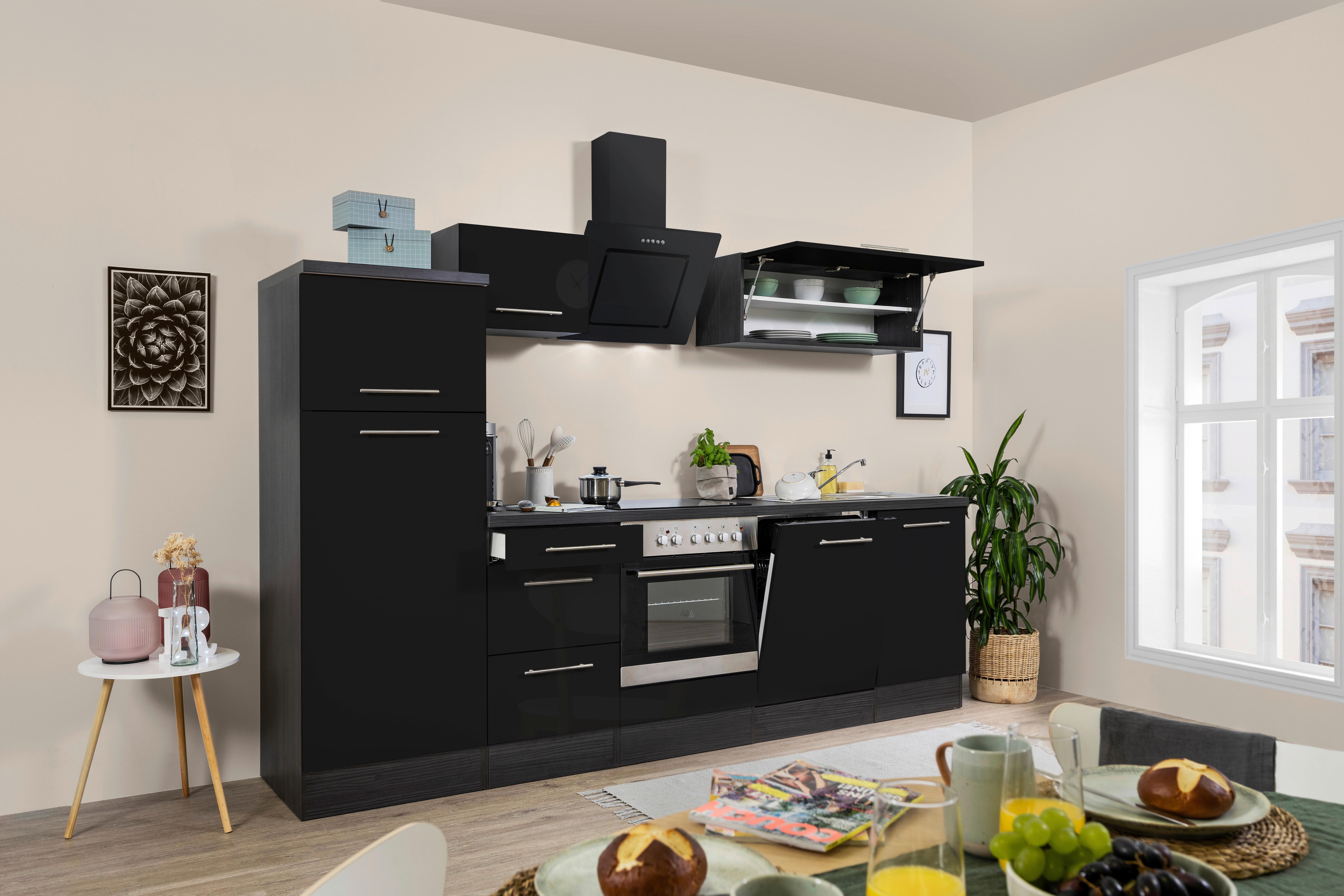 Küchenzeile mit Geräten B: 280 cm Schwarz Hochglanz - Schwarz/Grau, KONVENTIONELL, Holzwerkstoff (280cm) - Respekta