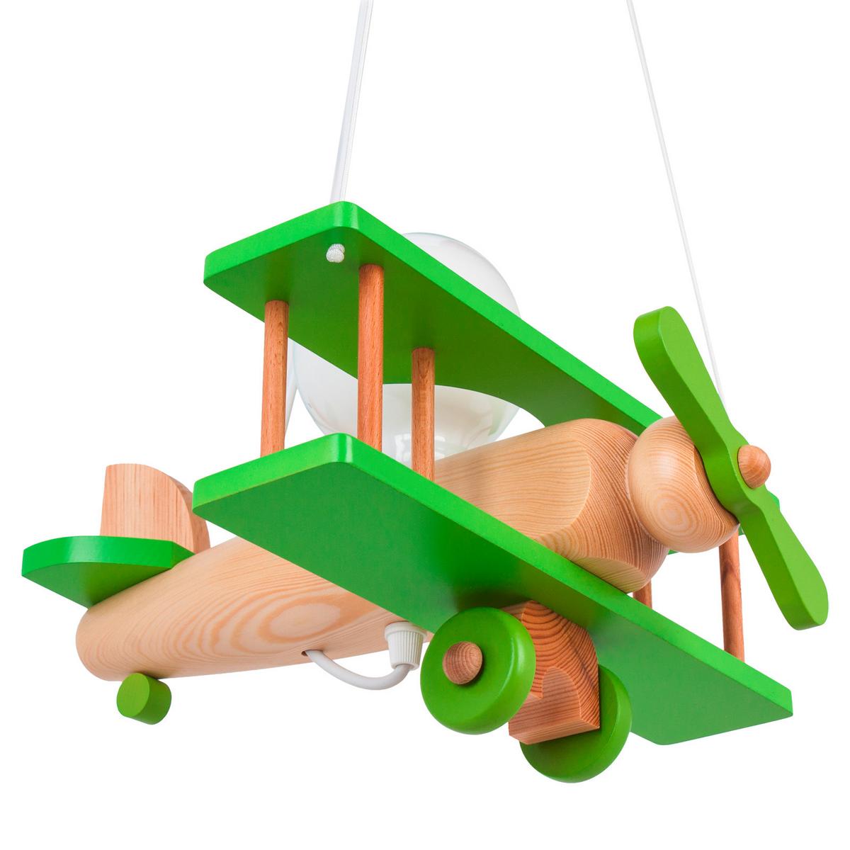Kinderhängeleuchte Flugzeug H: 75 cm 1-Flammig - Naturfarben/Grün, KONVENTIONELL, Holz (29/31/75cm)