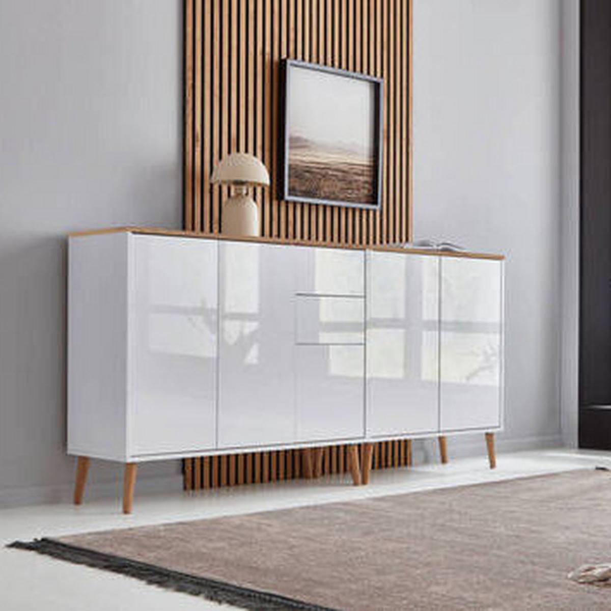 Sideboard Mailand Weiß/ Weiß Hg/eiche Dekor B: 184,5cm - Weiß Hochglanz/Eiche Artisan, MODERN, Holzwerkstoff (184,5/86/33cm) - MID.YOU