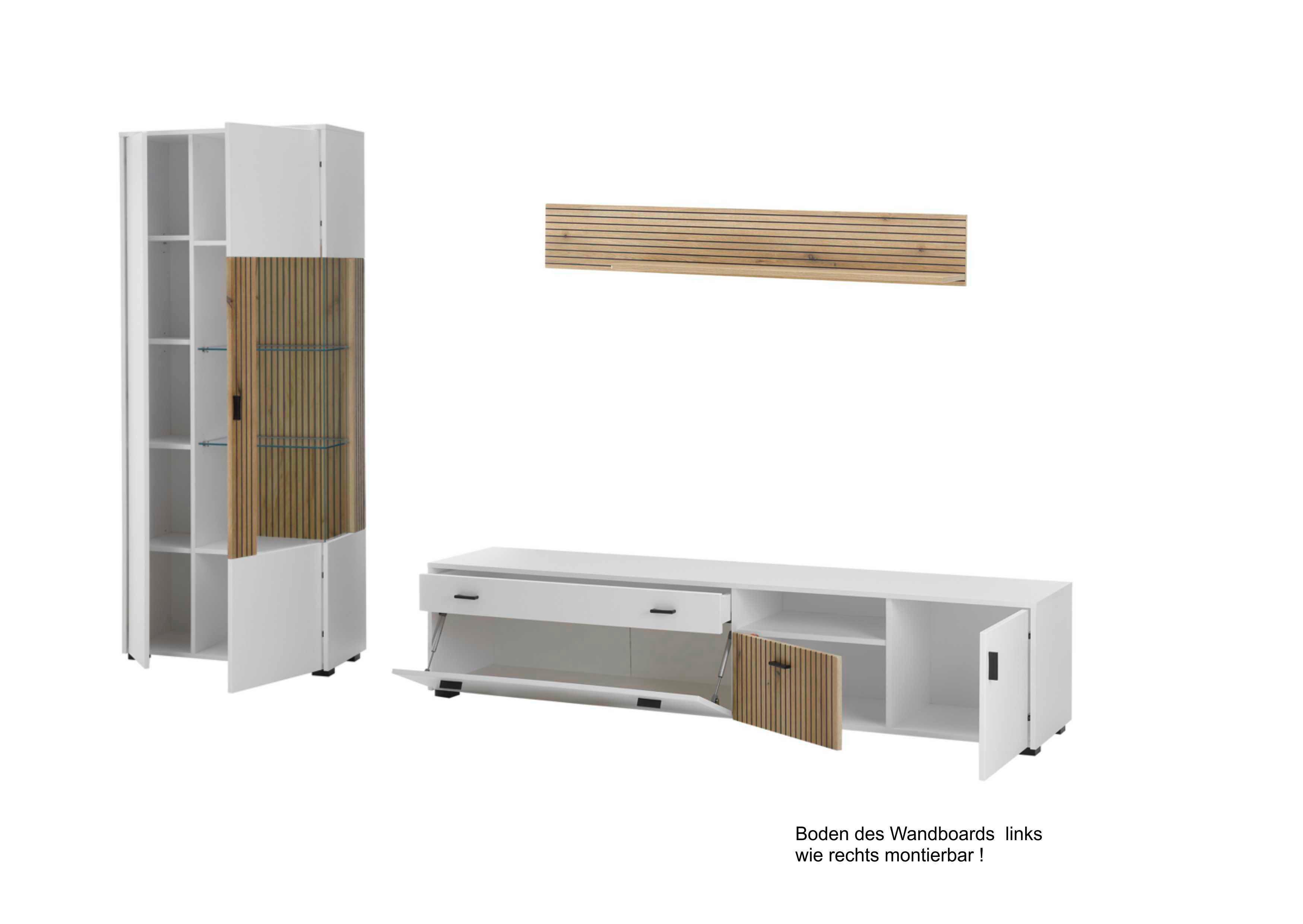 Hudson Wohnwand Weiß/Eichefarben B: 328 cm - Eichefarben/Schwarz, Design, Glas/Holzwerkstoff (328/180/42cm) - MID.YOU