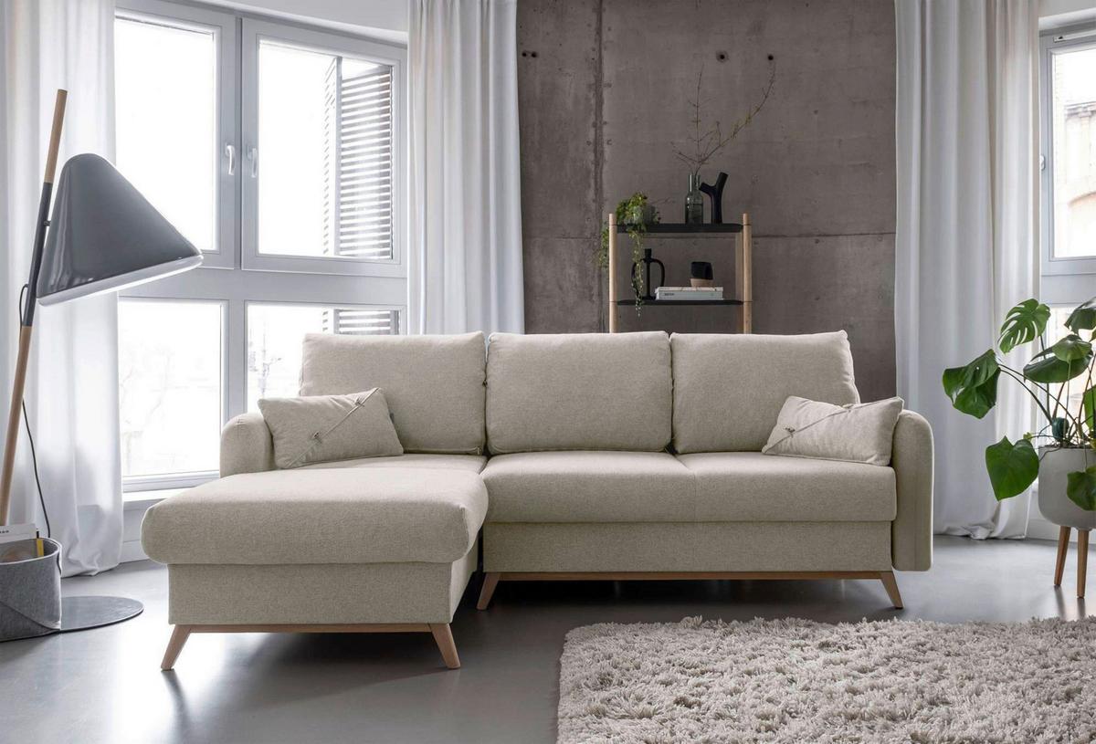 Sedačka LUCILE S, levá, béžová, úl.prostor a lůžko - přírodní barvy/béžová, dřevo/textil (157/235cm) - MID.YOU