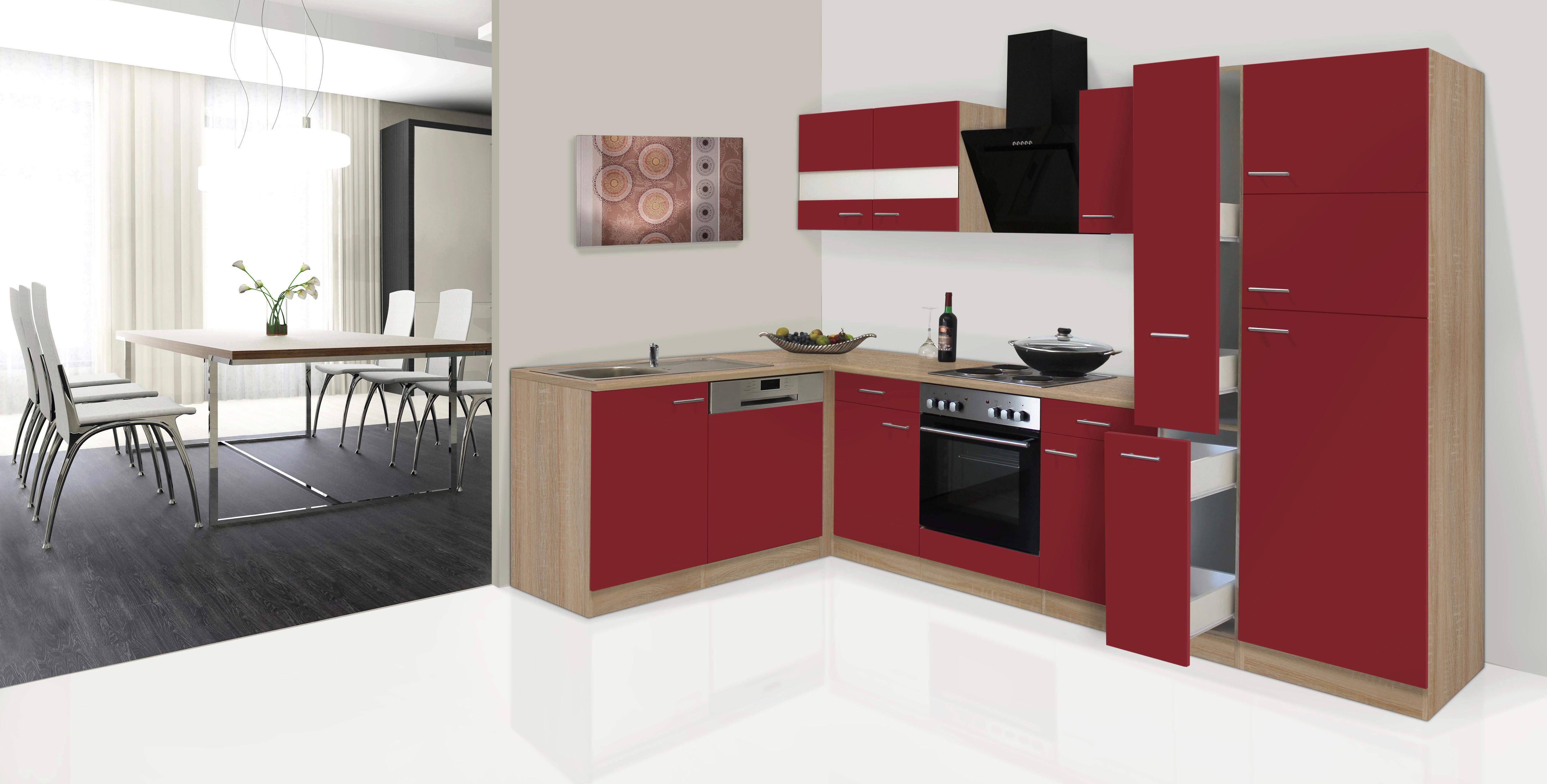 Eckküche Economy mit Geräten 172x310 cm Eiche/Rot Matt - Eichefarben/Rot, Basics, Glas/Holzwerkstoff (172/310cm) - Respekta