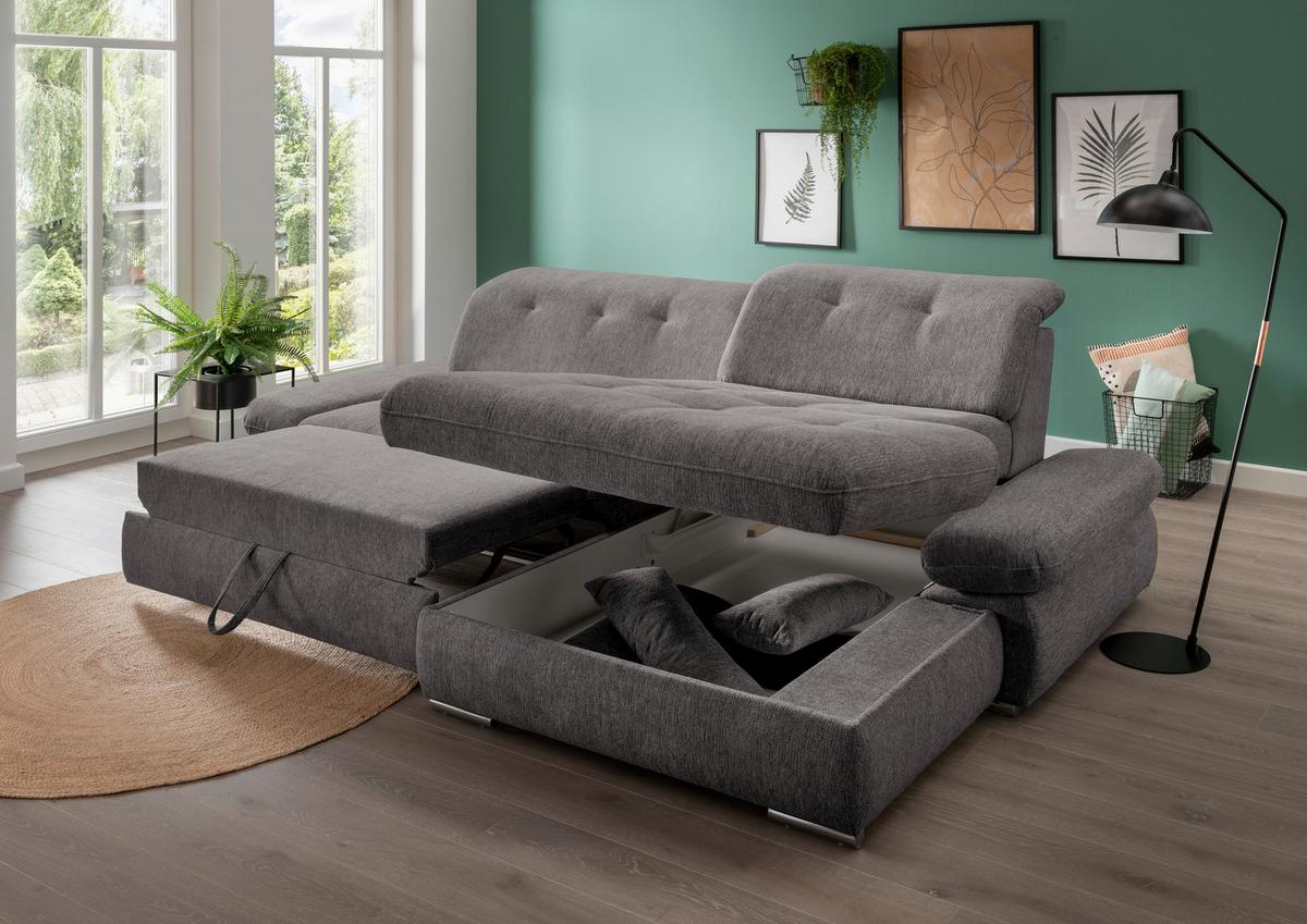 Ecksofa mit Schlaffunktion Dalida Graubraun Chenille - Chromfarben/Graubraun, Design, Textil (300/196cm) - Livetastic