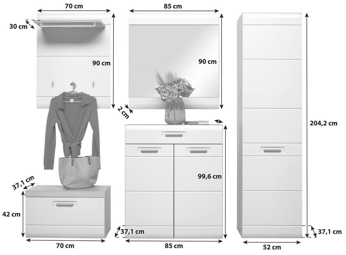 Garderoben-set Auris Weiß/eiche Dekor 5-Tlg. - Eichefarben/Weiß, MODERN, Holzwerkstoff (207/204,2/37,1cm) - Luca Bessoni