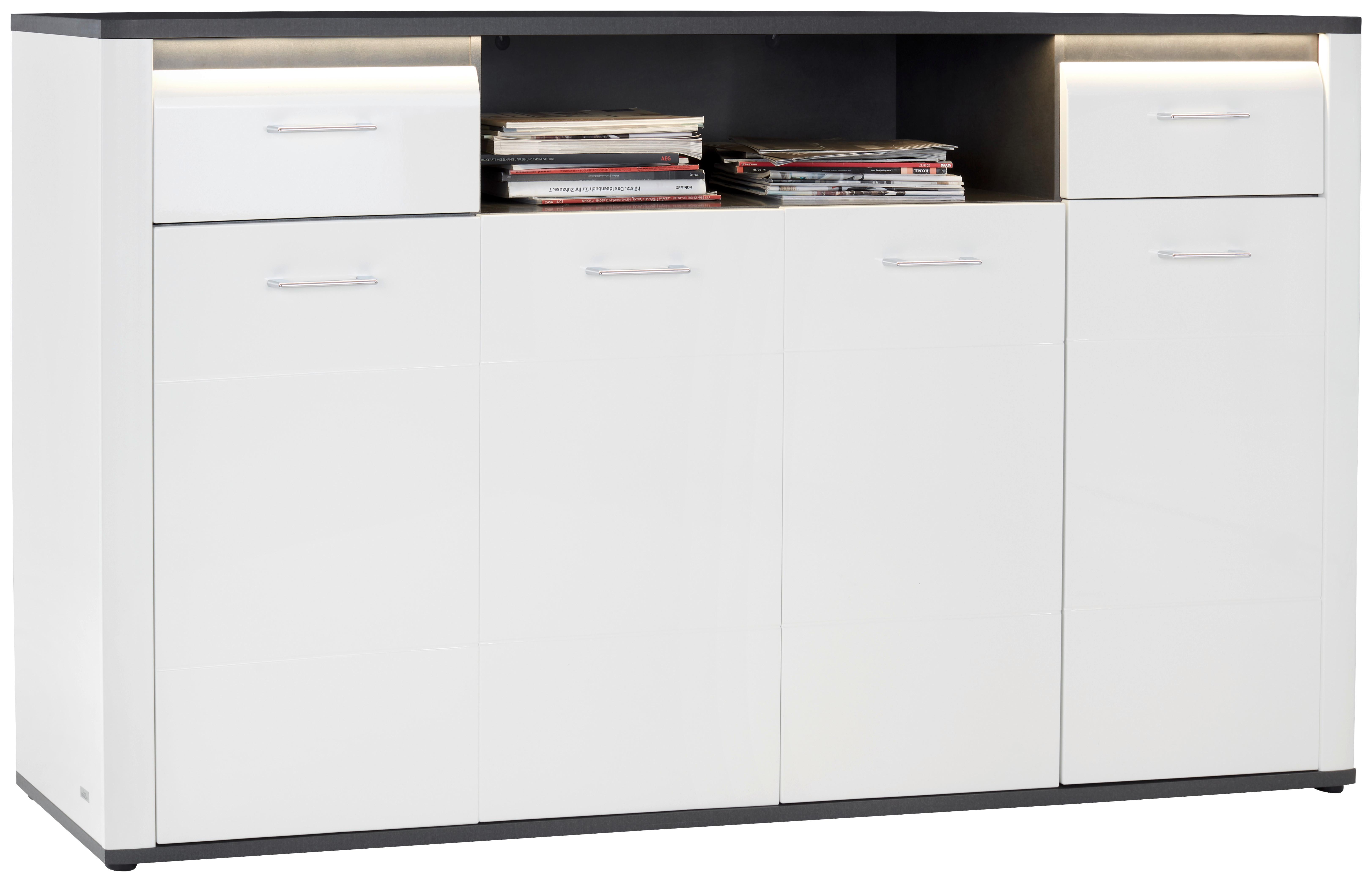 Highboard mit LED + Soft-Close B 203,6 cm Alassio Weiß/Matera - Schwarz/Graphitfarben, MODERN, Holzwerkstoff (203,6/104/40,5cm) - Luca Bessoni