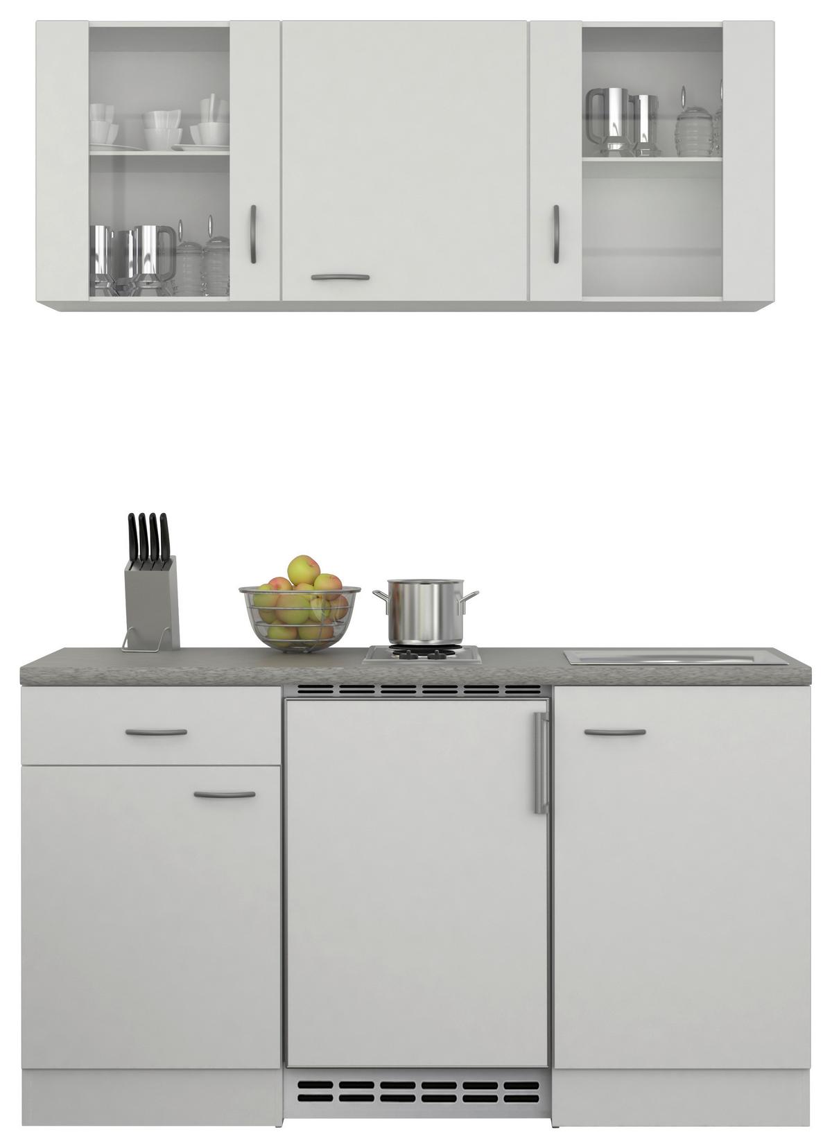 Miniküche mit Kühlschrank + Kochfeld 150,5 cm Weiß/Grau - Hellgrau/Weiß, MODERN, Glas/Holzwerkstoff (150,5cm) - FlexWell