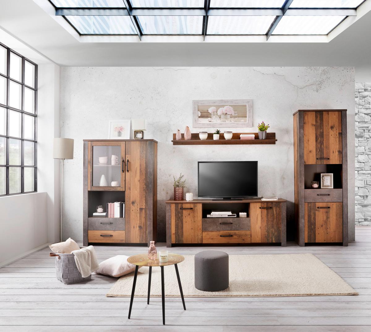 Highboard mit Glaselement B: 105 cm Ontario, Old Style - Eichefarben/Dunkelgrau, Trend, Glas/Holzwerkstoff (105/159/41,5cm) - Ondega