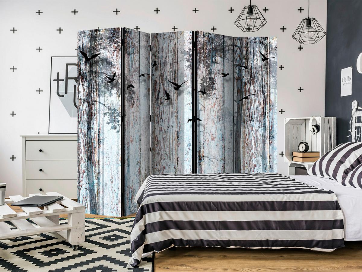 Paravent Braun Hellblau B: 225 cm - Braun/Hellblau, Basics, Holz/Textil (225/172/3cm) - artgeist
