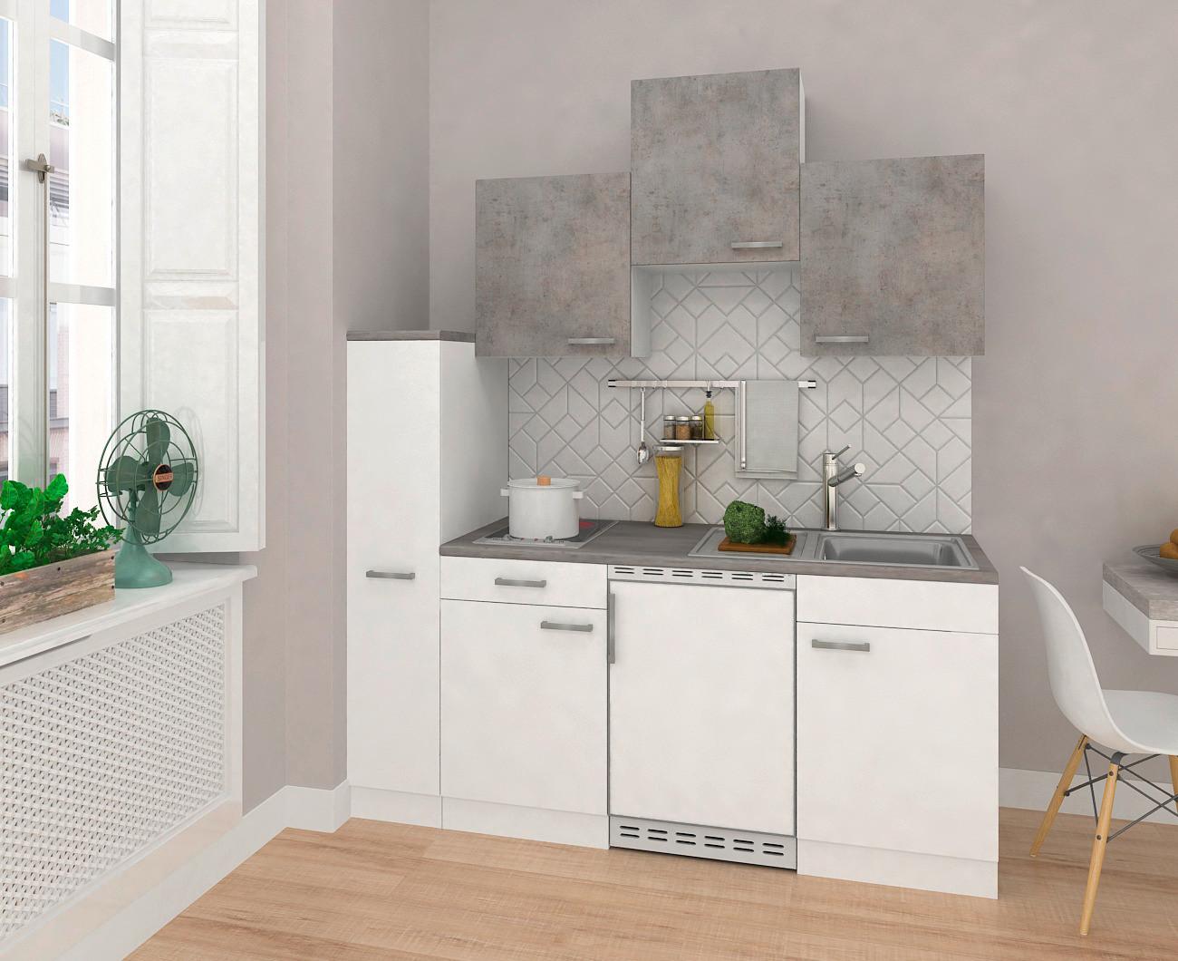 Küchenzeile Economy mit Geräten 180 cm Weiß/Beton Dekor Modern - Hellgrau/Weiß, MODERN, Holzwerkstoff (180cm) - Respekta