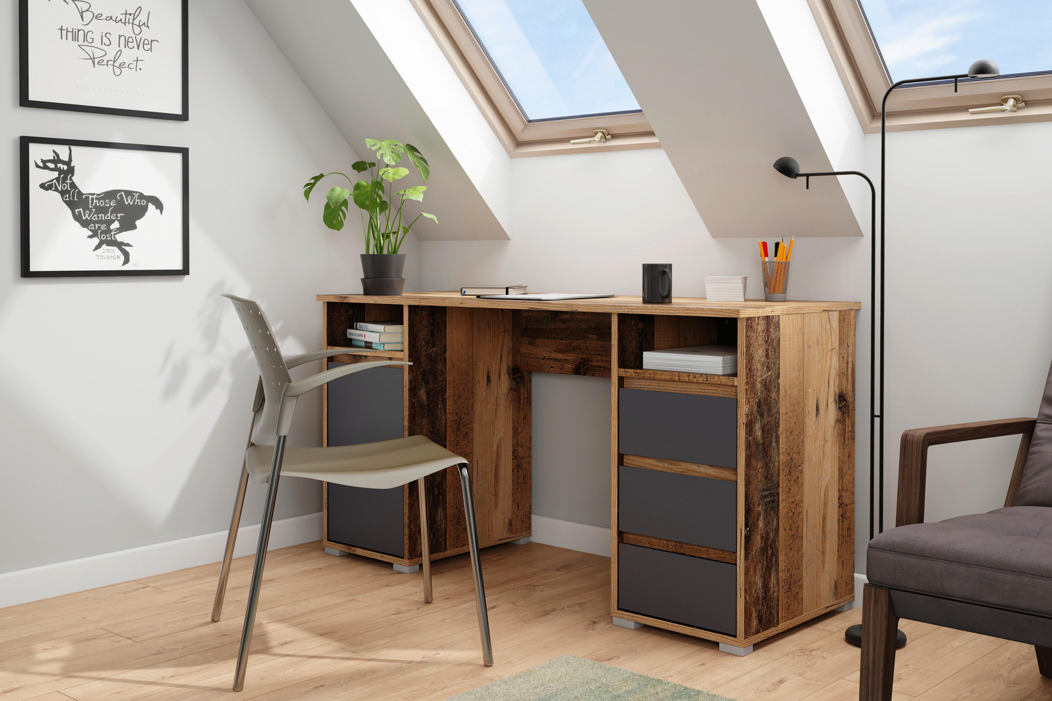 Schreibtisch mit Schubladen LxBxH: 138x55x75 cm Lobo - Alteiche/Anthrazit, KONVENTIONELL, Holzwerkstoff (138/55/75cm) - MID.YOU