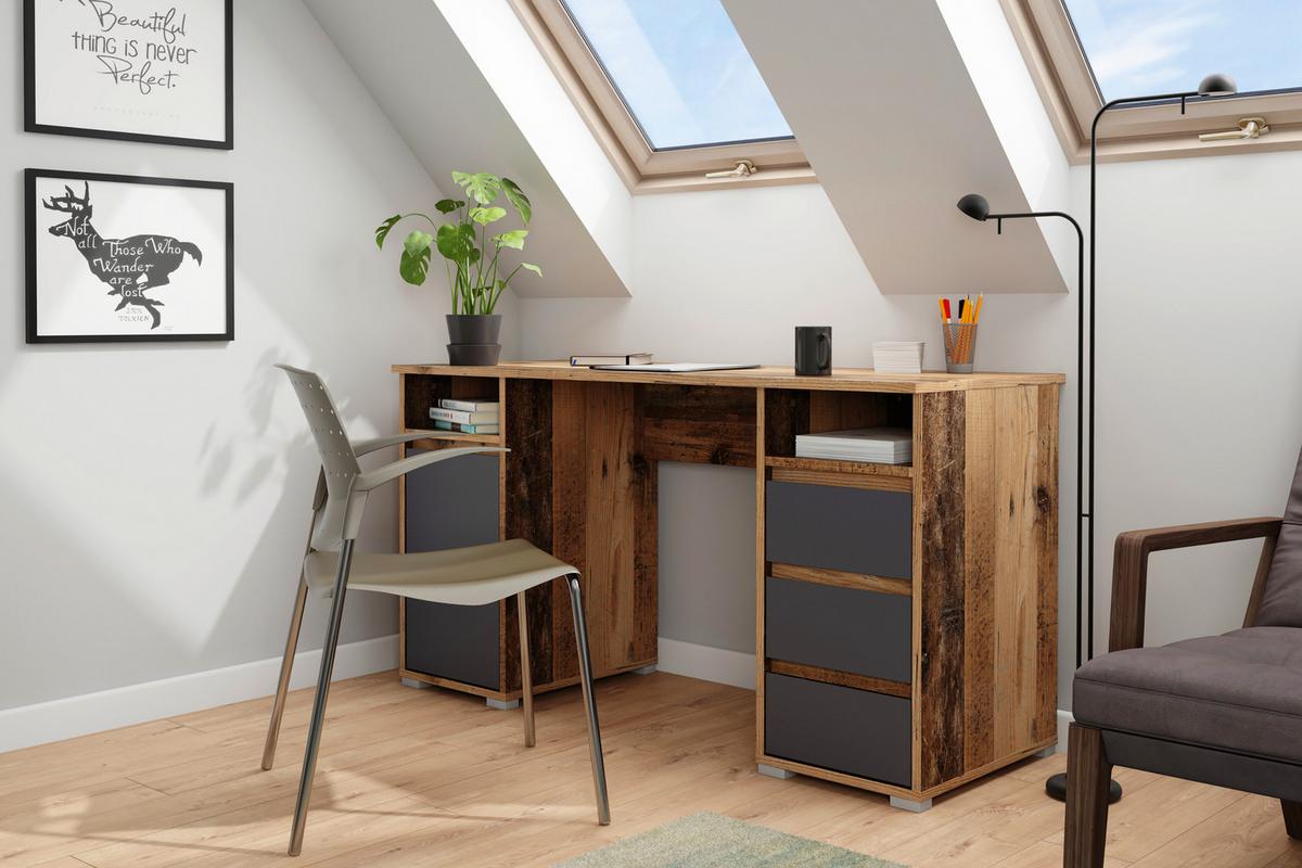 Schreibtisch Mit Schubladen Lxbxh: 138x55x75 Cm Lobo - Alteiche/Anthrazit, KONVENTIONELL, Holzwerkstoff (138/55/75cm) - MID.YOU