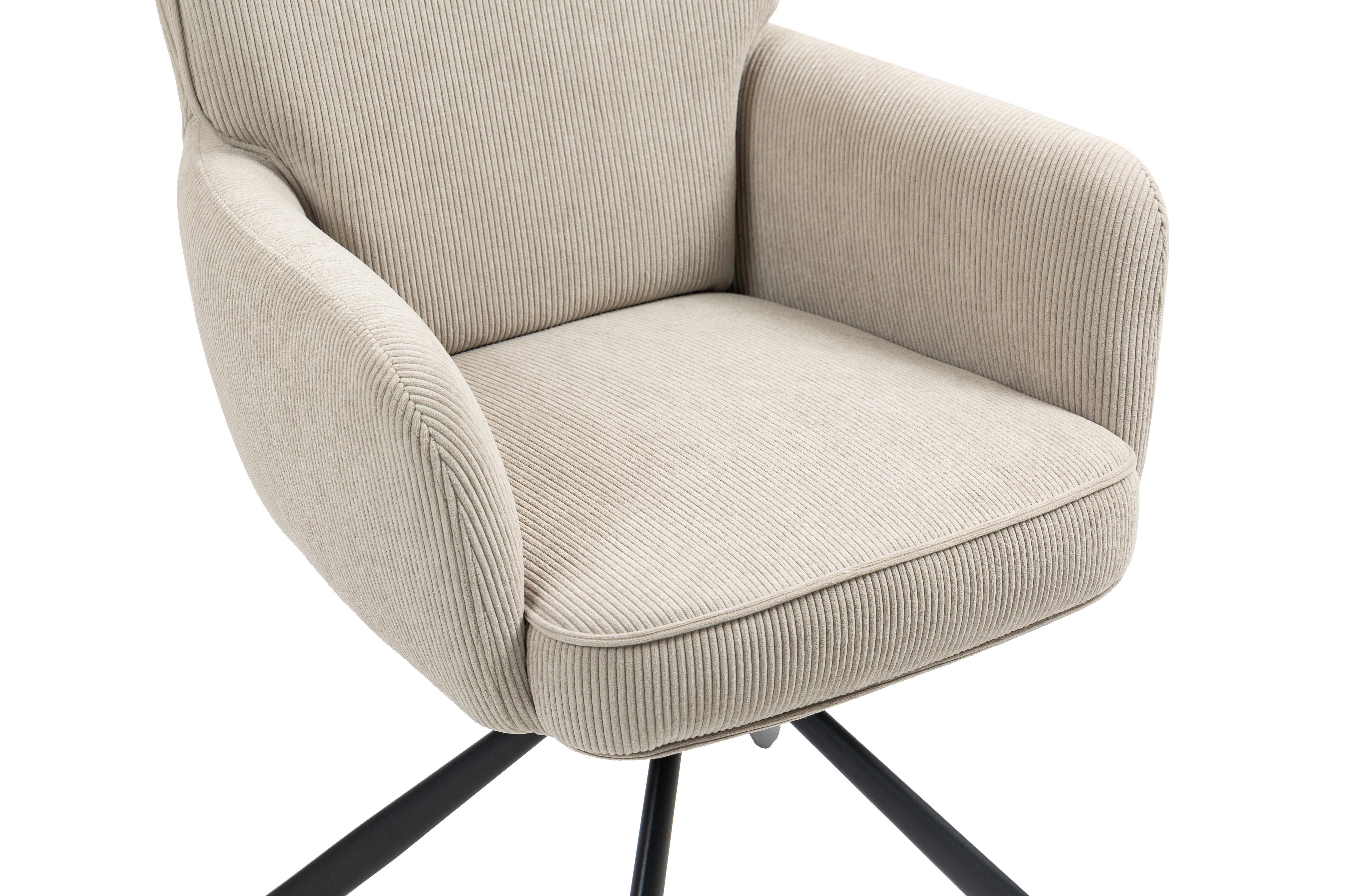 Armlehnstuhl Mila Cord Creme Sitzfl. 180° drehbar, B: 60cm - Beige/Schwarz, KONVENTIONELL, Textil/Metall (60/95/67cm) - MID.YOU