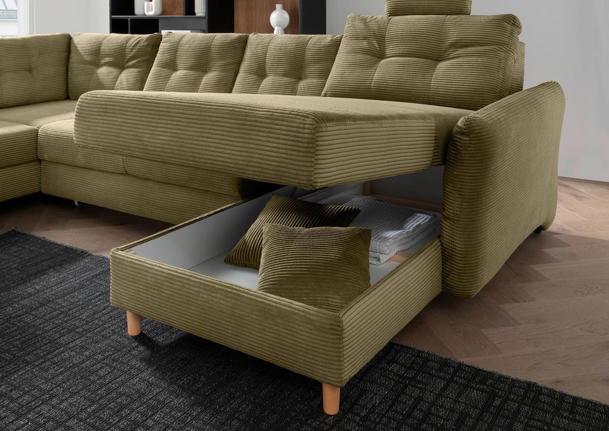 Wohnlandschaft Brizzini mit Schlaffunktion, Olivgrün - Naturfarben/Olivgrün, MODERN, Textil (206/338-352/176cm) - Livetastic