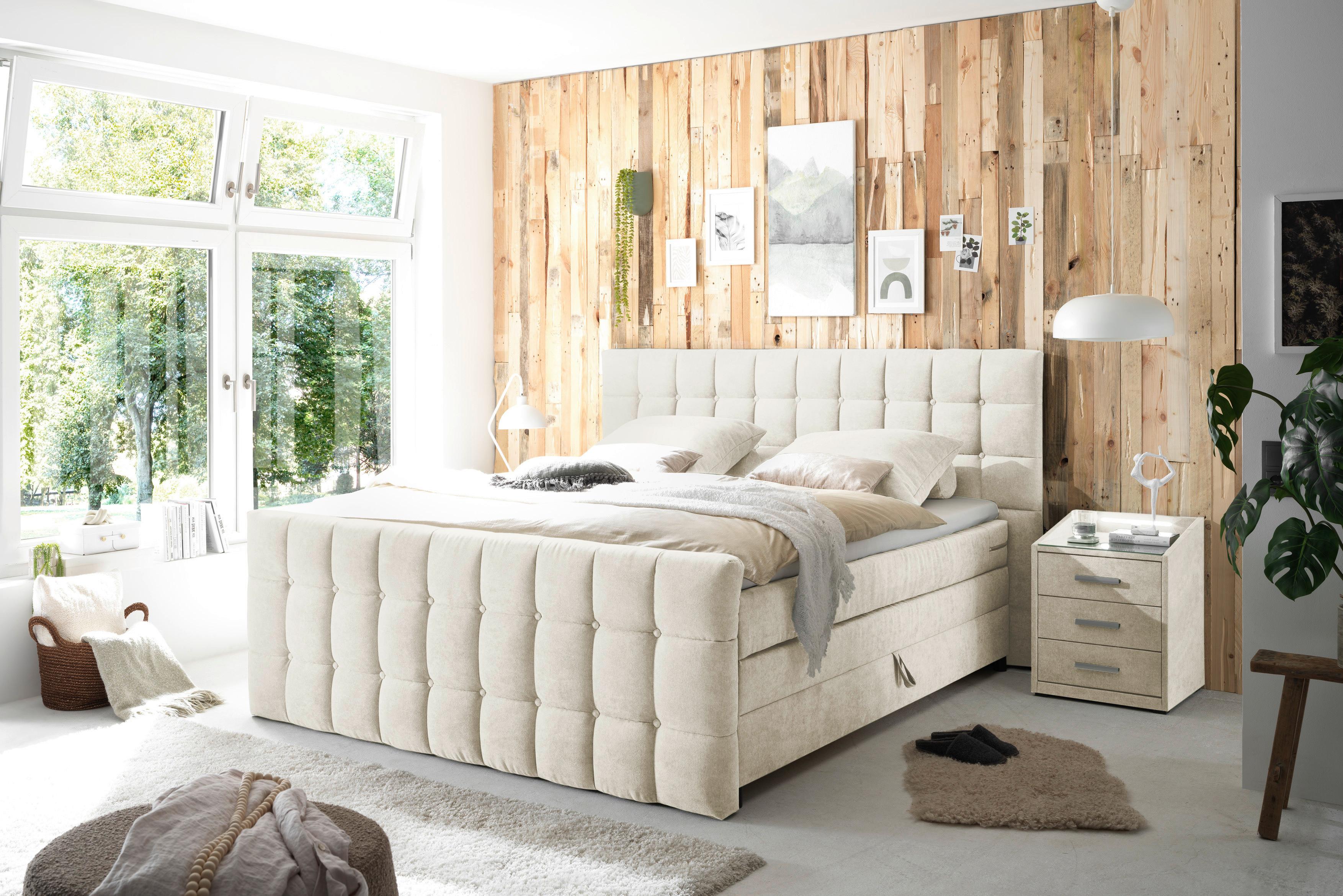 Boxspringbett mit Topper & Bettkasten 180x200 Mendoza - Creme/Schwarz, MODERN, Holzwerkstoff/Textil (180/200cm) - MID.YOU