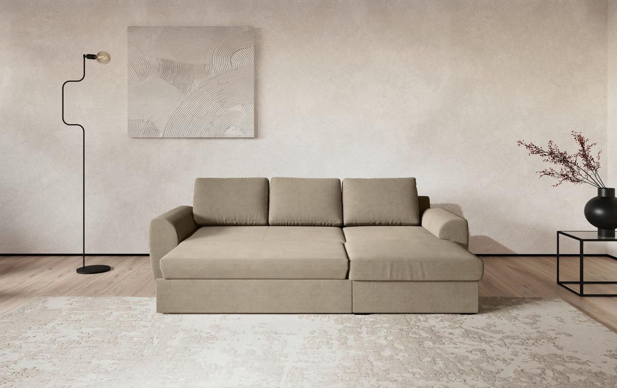 Ecksofa mit Bettfunktion Cord braun, B: 253cm - Schwarz/Braun, Trend, Textil (253/154cm) - MID.YOU