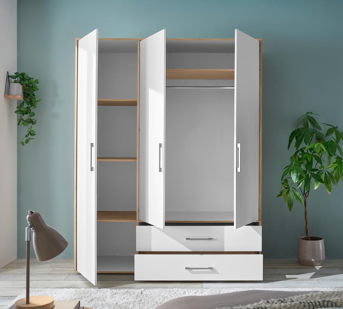 Kleiderschrank 3trg Lembo San Remo/weiß B: 155 Cm - Weiß/Eiche Artisan, Basics, Holzwerkstoff (155/195/60cm)