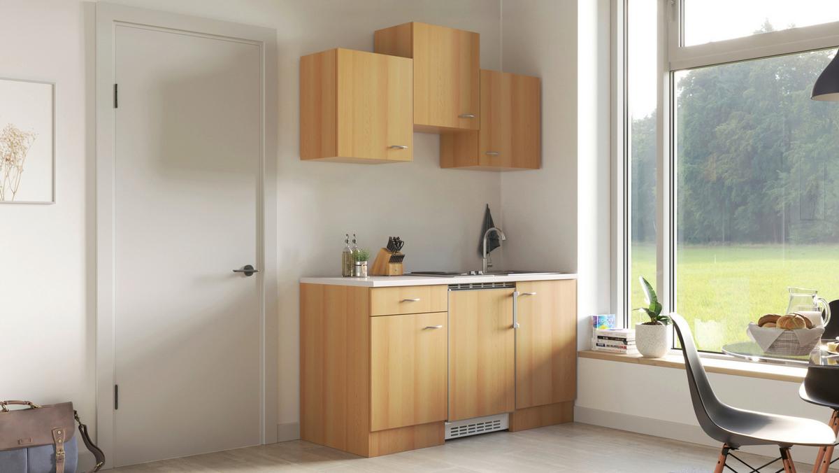 Kuchynský blok NANO vrátane spotrebičov a drezu - farba buka/farba ušľachtilej ocele, Modern, kompozitné drevo/plast (150cm) - MID.YOU