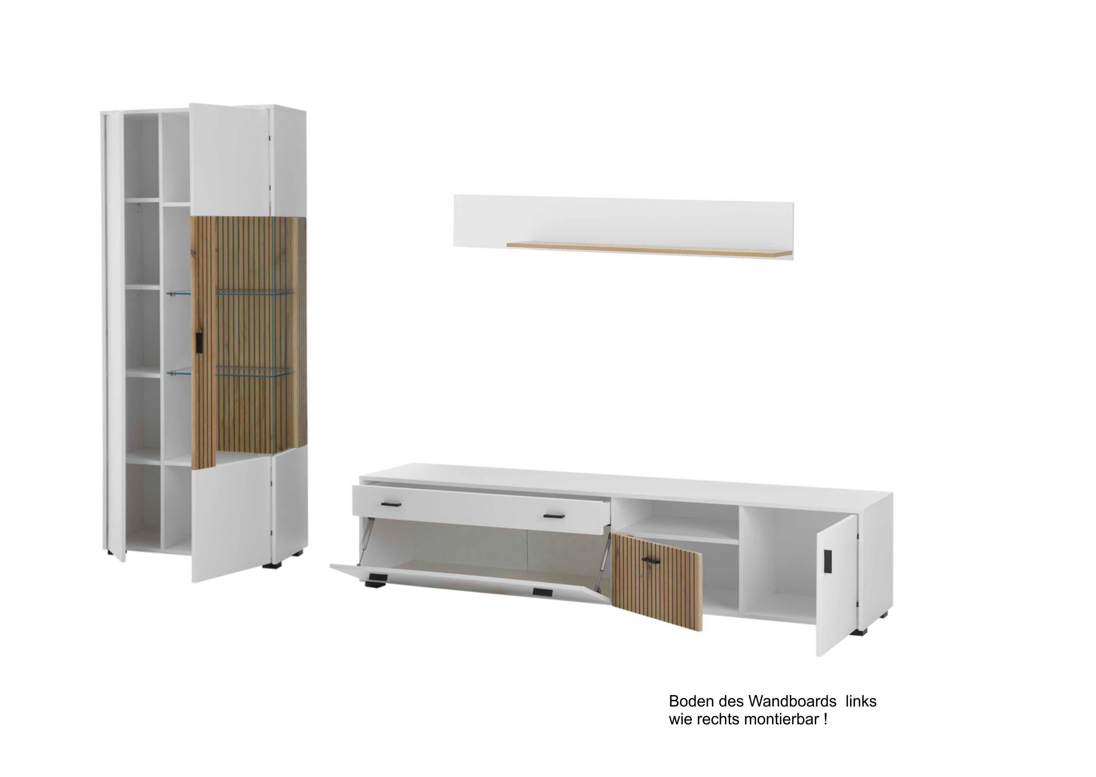 Hudson Wohnwand Weiß/Eichefarben B: 328 cm - Eichefarben/Schwarz, Design, Glas/Holzwerkstoff (328/180/42cm) - MID.YOU