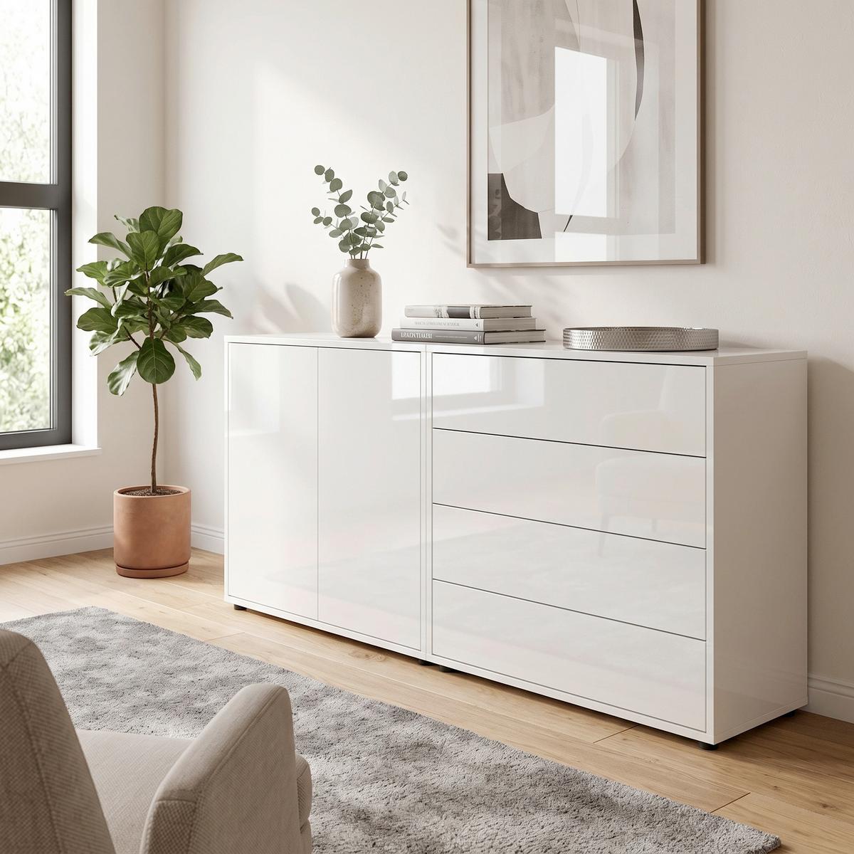 SIDEBOARD Mailand 3 B: 158 cm Weiß - Weiß Hochglanz/Schwarz, MODERN, Holzwerkstoff (158/73/33cm) - MID.YOU