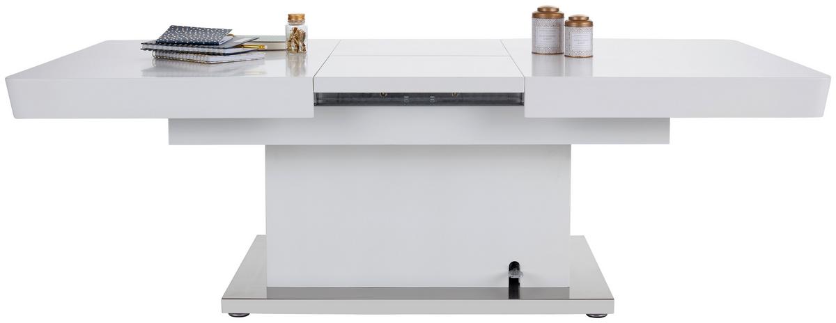 Couchtisch höhenverstellbar + ausziehbar Manchester, Weiß - Edelstahlfarben/Weiß, MODERN, Holzwerkstoff/Metall (120-160/50-78/80cm)