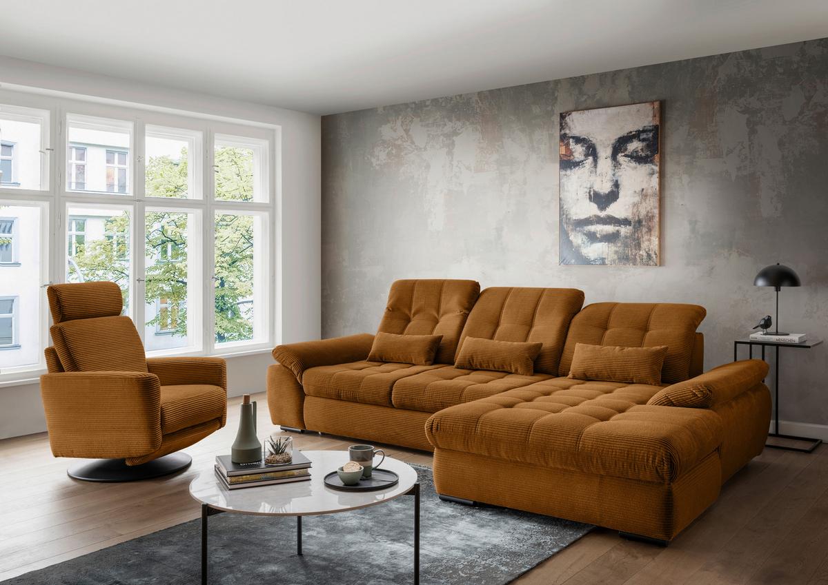 Ecksofa mit Bettkasten Rigatti Goldfarben 314x184 cm - Goldfarben/Schwarz, MODERN, Textil (314/184cm) - Livetastic