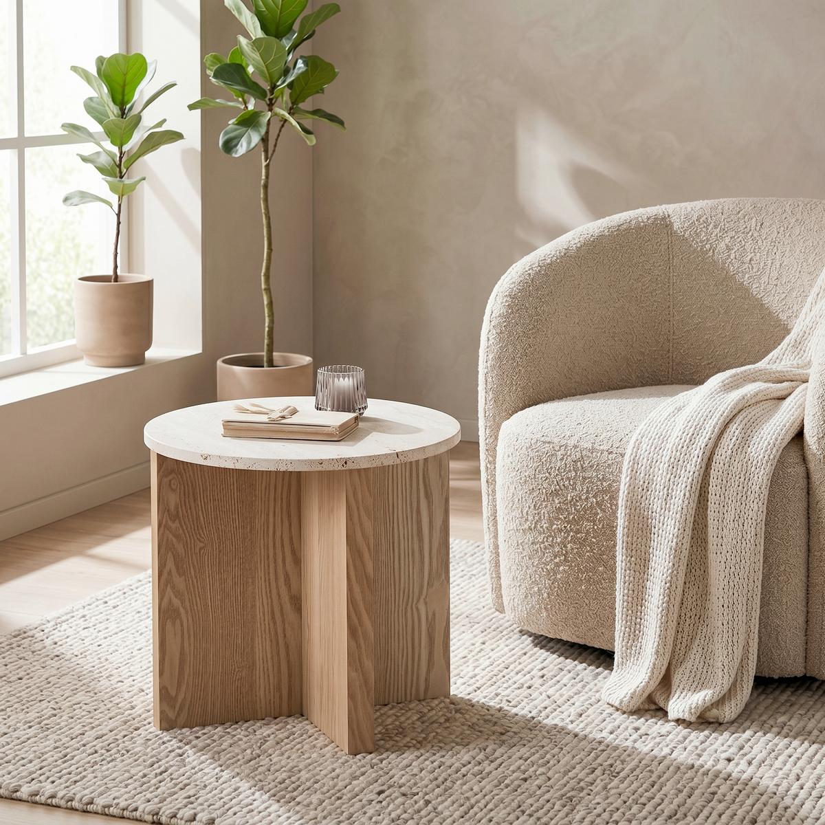 Príručný stolík MATERA 40 cm - prírodná farba, Modern, kompozitné drevo/kameň (40/39cm) - Premium Living