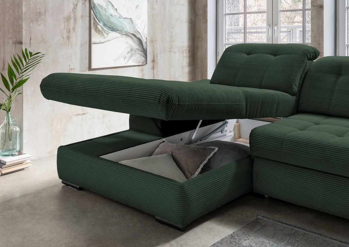 Ecksofa Mit Bettkasten Rigatti Dunkelgrün 184x314 Cm - Dunkelgrün/Schwarz, MODERN, Textil (184/314cm) - Livetastic