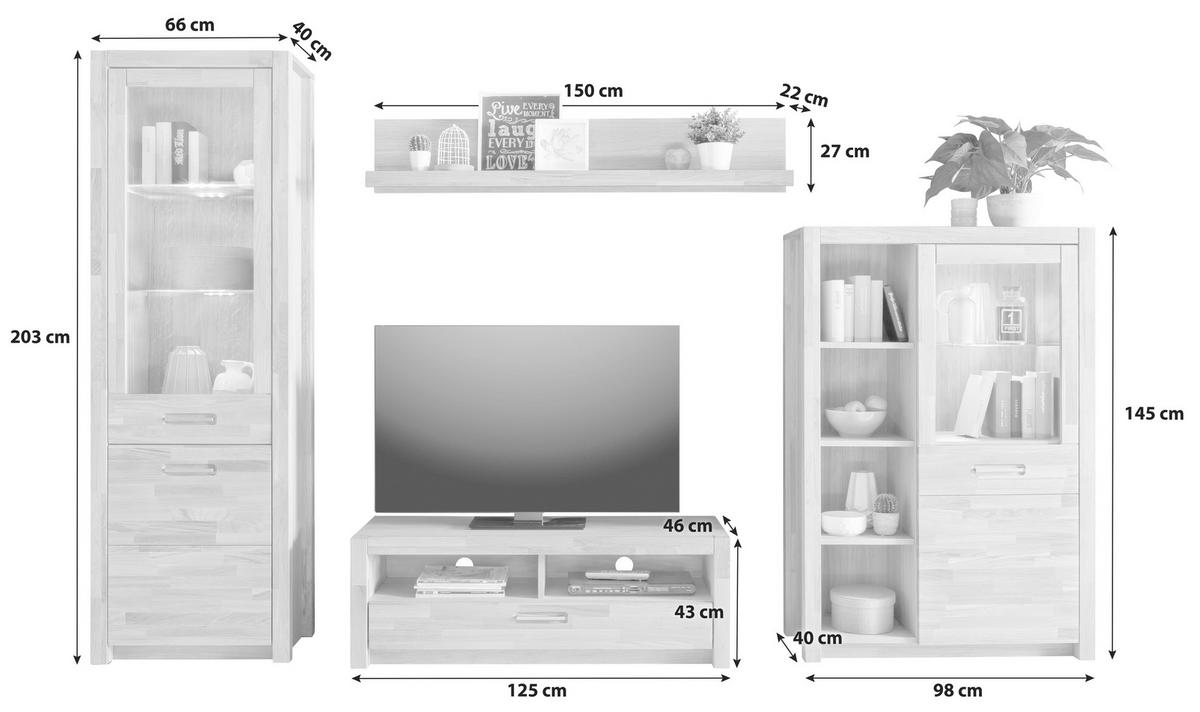 Wohnwand Buche Massiv 4 -teilig. Mit Led Fenja - Buchefarben, Design, Glas/Holz (309/203/46cm) - MID.YOU