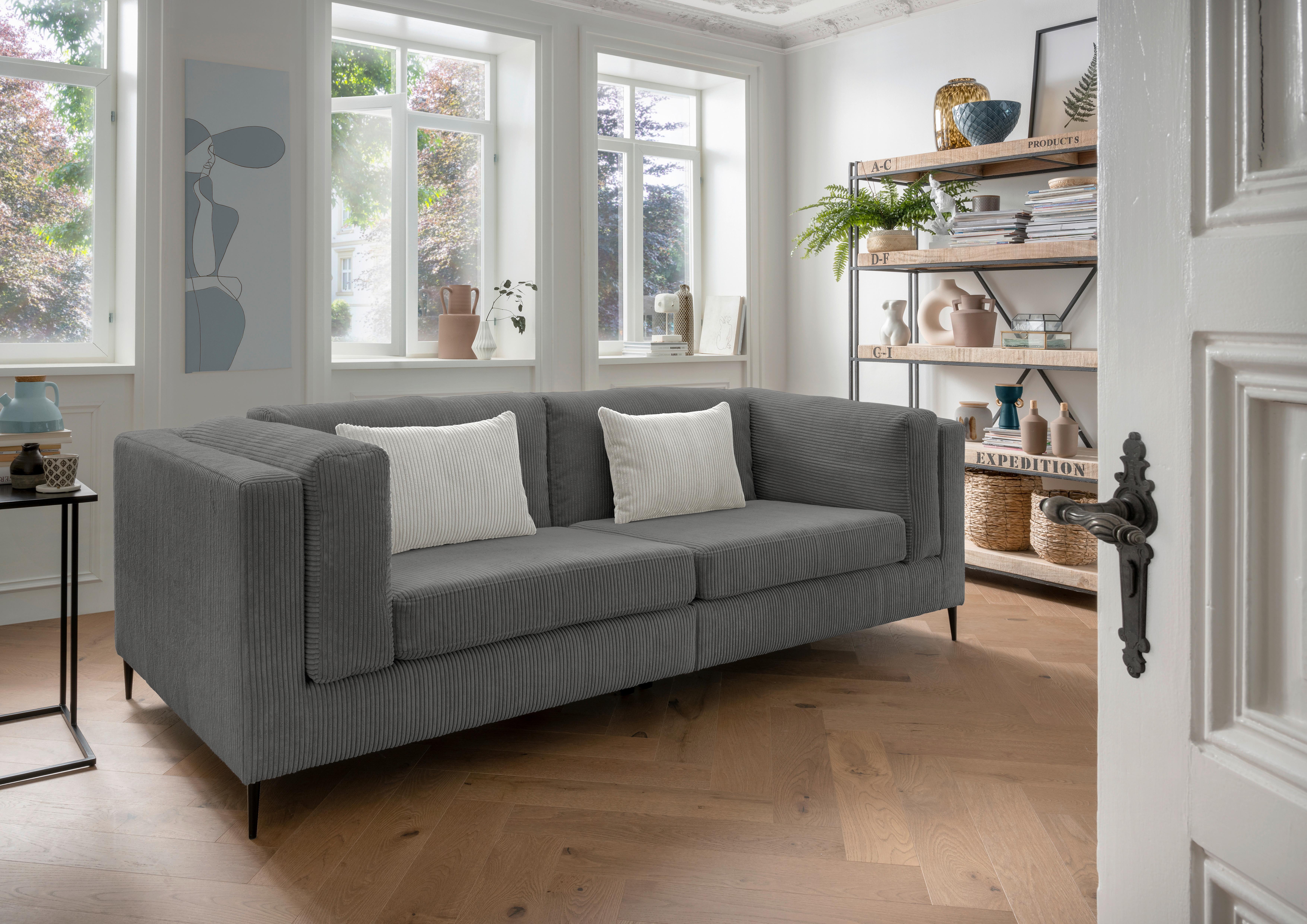 3-Sitzer-Sofa Roma Grau Kord - Silberfarben/Schwarz, Design, Textil (250/82/112cm) - Livetastic