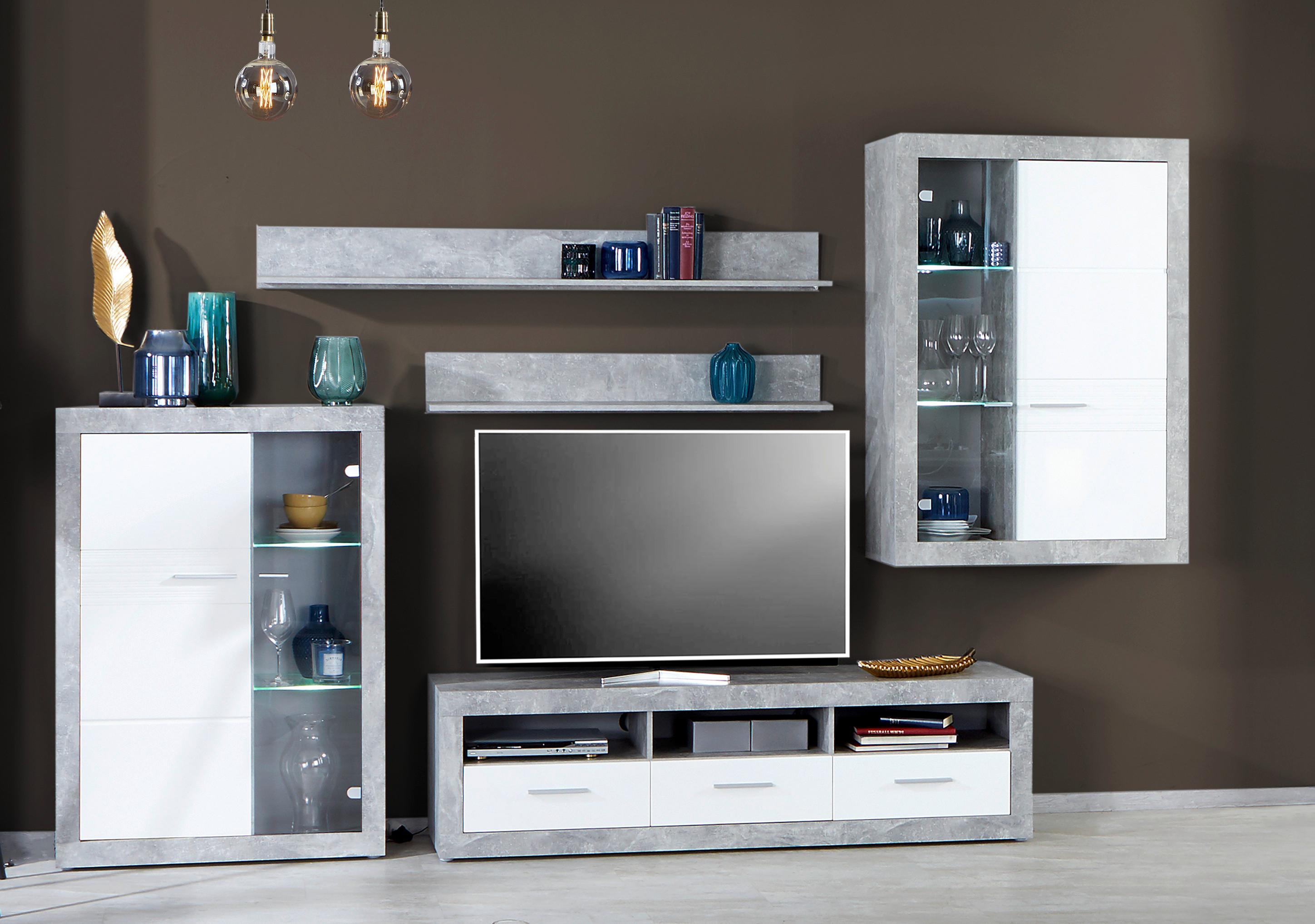 Wohnkombination 5 tlg. mit LED Malta 6, Betonoptik/Weiß - Weiß/Grau, MODERN, Glas/Holzwerkstoff (329/197/42cm)