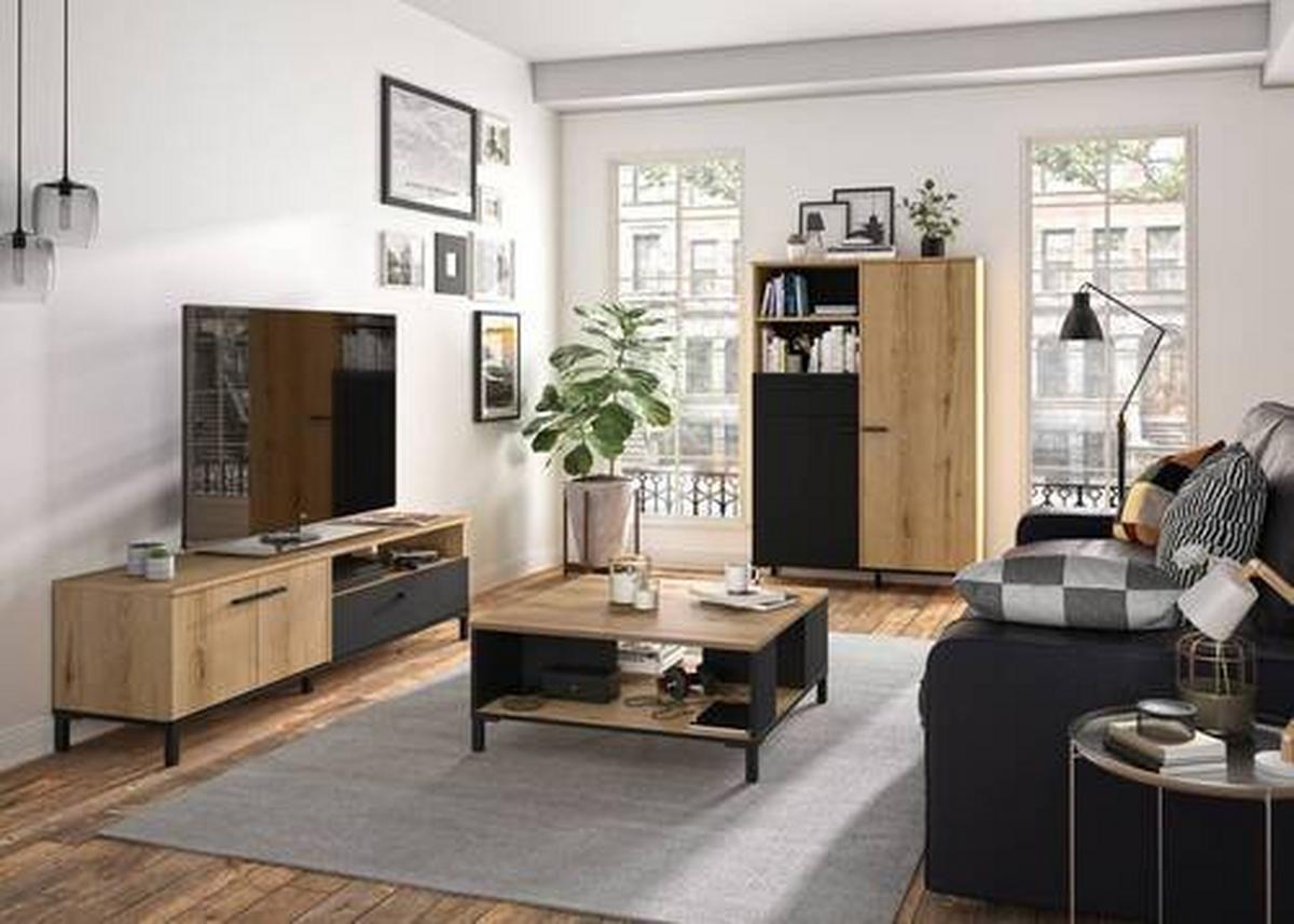 TV-Element Trust Eiche Dekor/Schwarz, B: 160cm - Eichefarben/Schwarz, MODERN, Holzwerkstoff (160/47/40cm) - MID.YOU