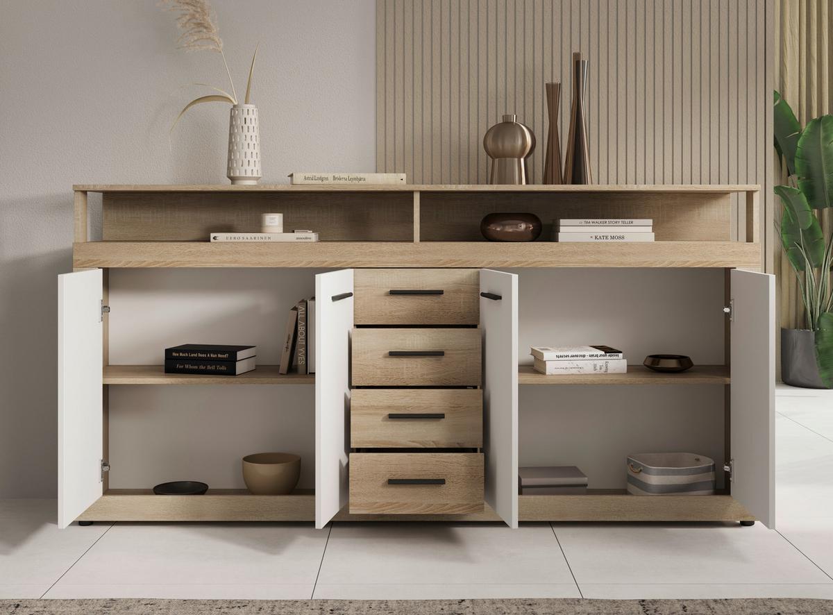 Sideboard Lupo Eiche Dekor Weiß B: 190 cm - Weiß/Sonoma Eiche, Design, Holzwerkstoff (190/96/32cm) - MID.YOU