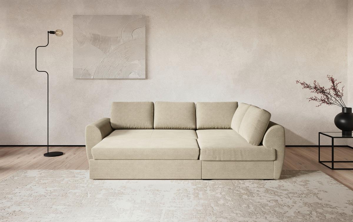 Ecksofa mit Bettfunktion Drift Cord beige, B: 253cm - Beige/Schwarz, Trend, Textil (253/154cm)