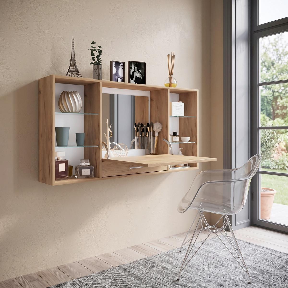 Nástenný regál so zrkadlom š: 115 cm, dub medový - dub medový/hliníková, Modern, kov/kompozitné drevo (112/60/19,7cm) - MID.YOU