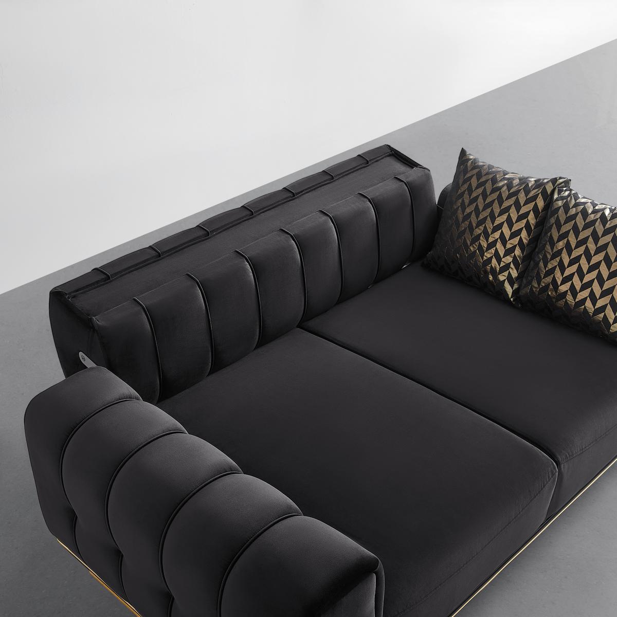 Dvojmiestna pohovka AILE, čierny zamat, s vankúšmi - čierna/zlatá, Lifestyle, textil (190/80/90cm) - Mömax