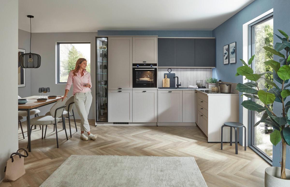 Eckküche Fermo/eastbourne - Hellbraun/Blau, MODERN, Holzwerkstoff (303,4/181,8cm) - Vertico