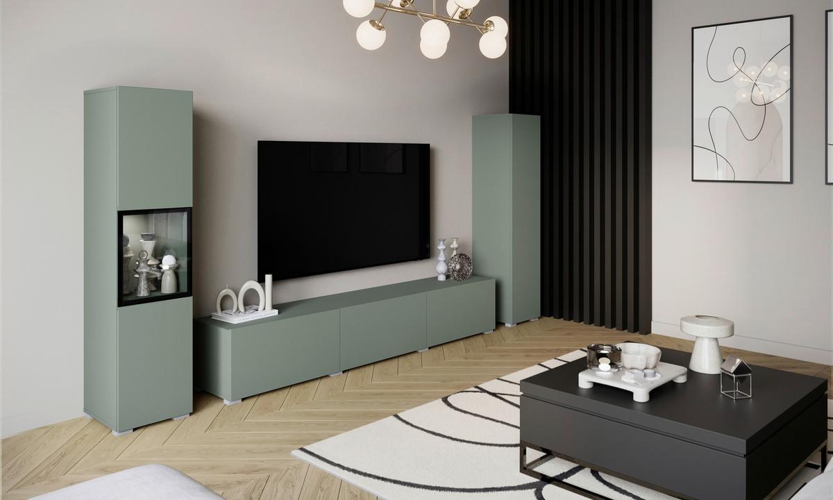 Wohnwand mit LED Berlin III Salbeigrün - Salbeigrün/Grau, Design, Glas/Holzwerkstoff (240/130/31cm) - P & B