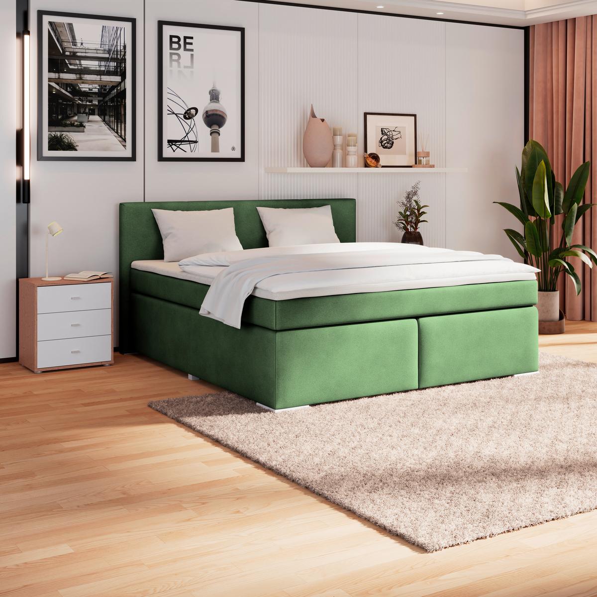 Boxspringbett Mira Boucle Dunkelgrün,lf:160x200cm - Dunkelgrün/Perlmutt, KONVENTIONELL, Holz/Textil (160/200cm)