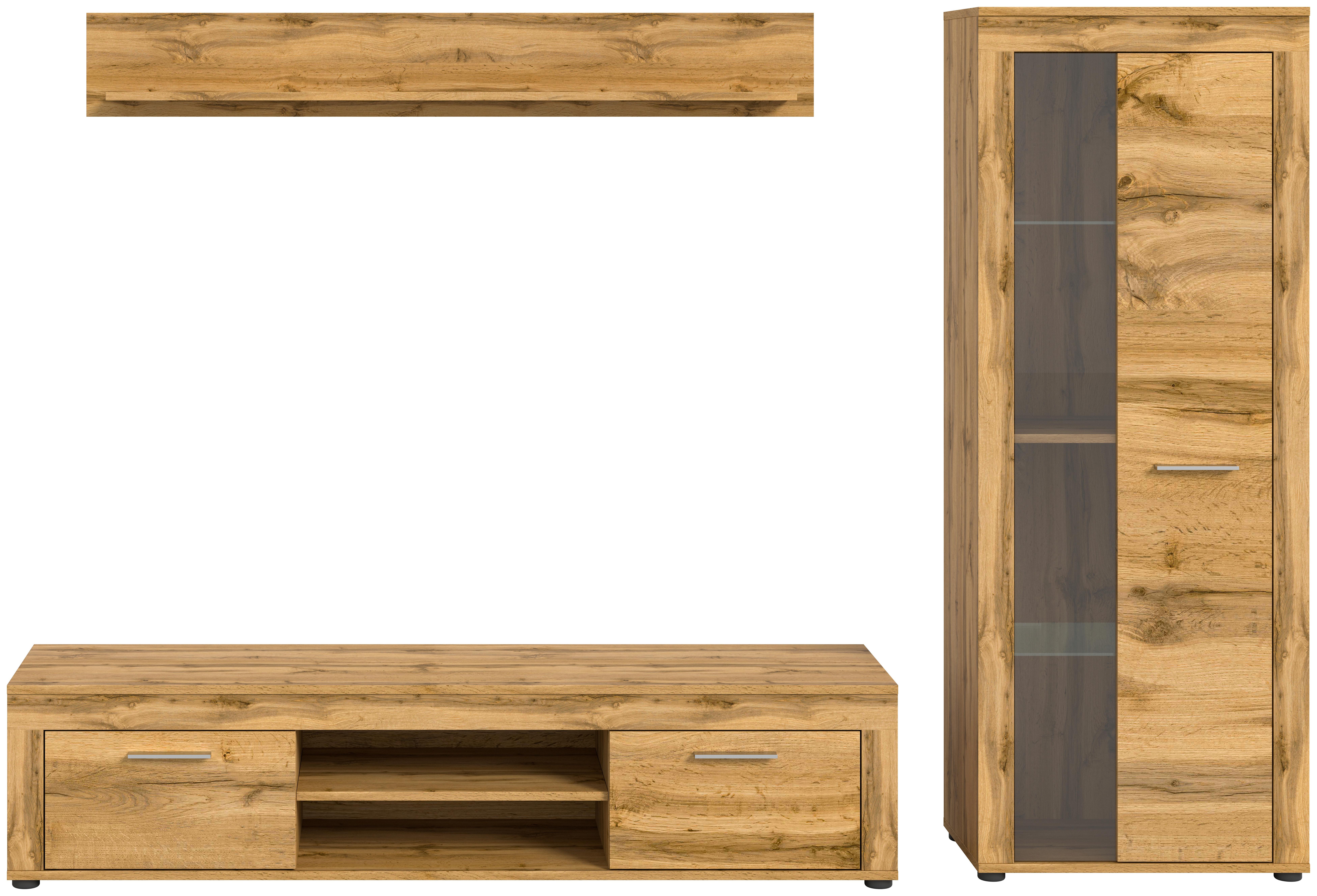 Wohnwand Eiche Dekor 3-Teilig B: 235 Cm - Eiche Wotan/Schwarz, Design, Glas/Holzwerkstoff (235/159/35cm) - MID.YOU