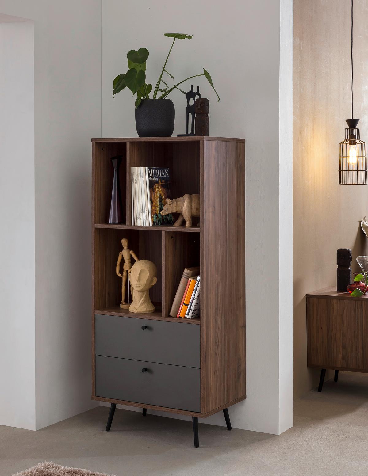 Regal Grau, Walnussfarben B: 60cm - Walnussfarben/Schwarz, Design, Holzwerkstoff (60/138/39,6cm) - Livetastic