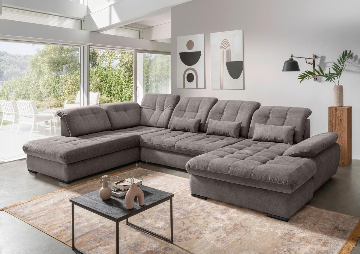 Wohnlandschaft Mit Bettkasten Rigatti Graubraun B: 387 Cm - Graubraun/Schwarz, MODERN, Textil (252/387/184cm) - Livetastic