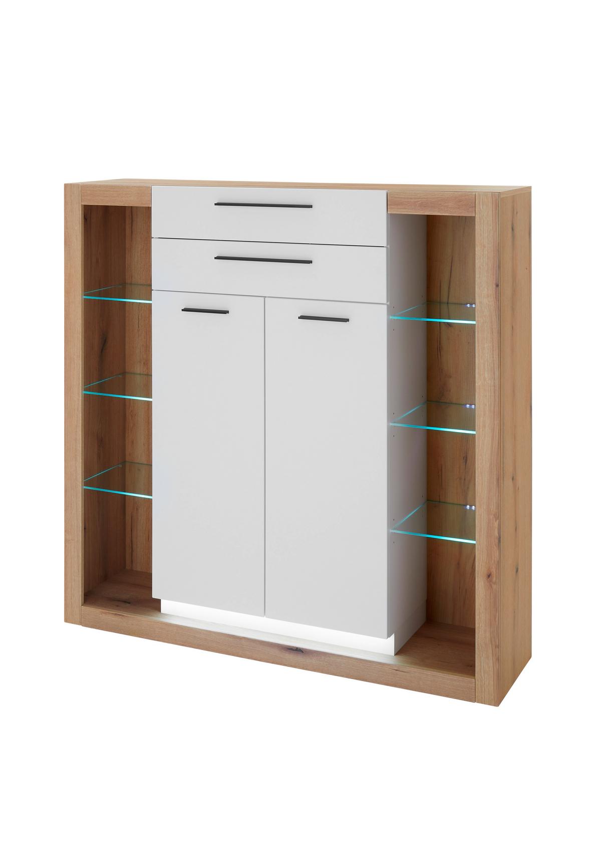 Highboard Brixen Weiß/Eichefarben B: 141cm - Eichefarben/Weiß, Design, Glas/Holzwerkstoff (141/139/37cm) - MID.YOU