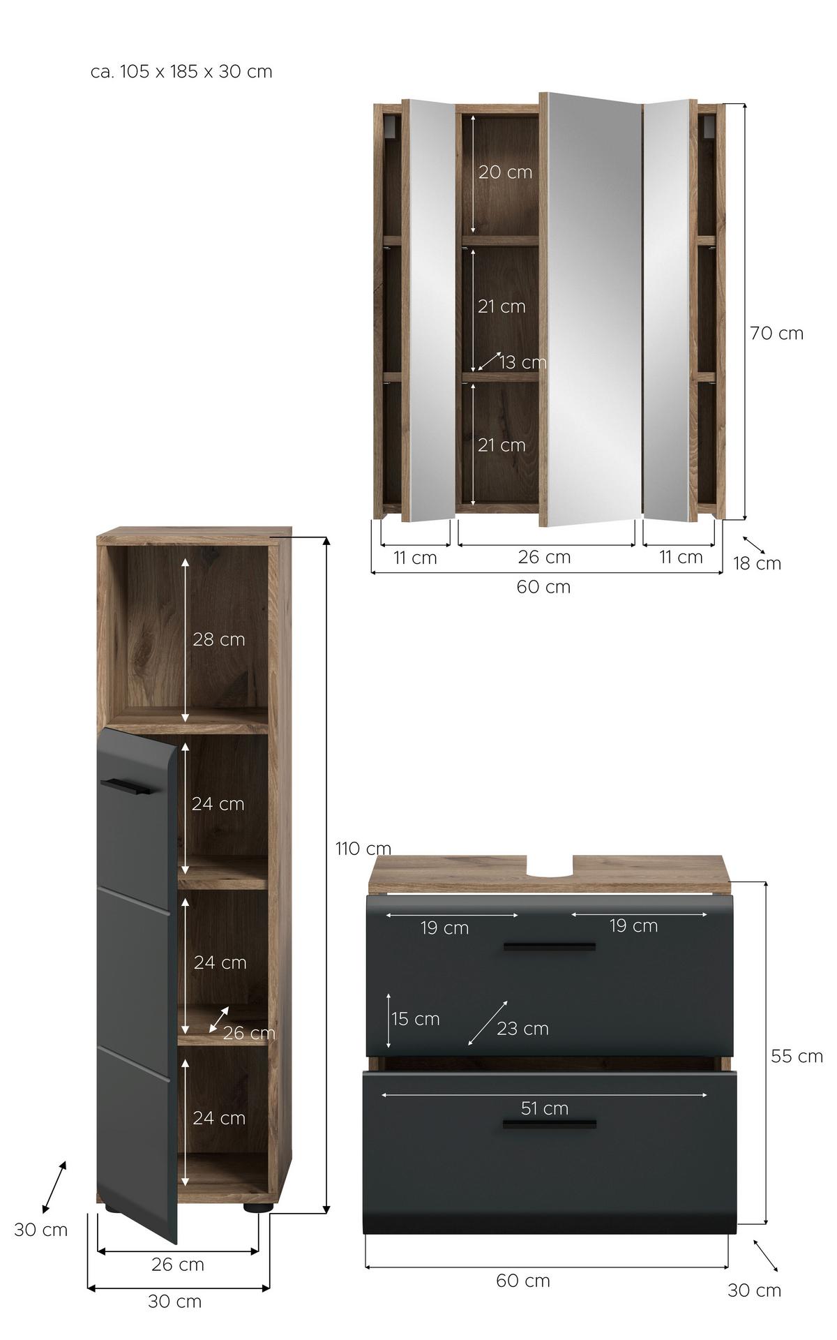 Badezimmer Ice Schwarz/Eiche Dekor B: 90cm - Eiche dunkel/Schwarz, Basics, Holzwerkstoff (90cm) - MID.YOU