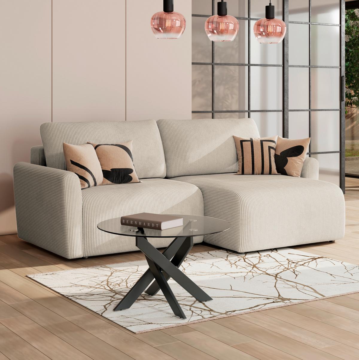 Ecksofa Mit Schlaffunktion & Bettkasten Josh Beige Cord - Beige, Trend, Textil (229/146cm)