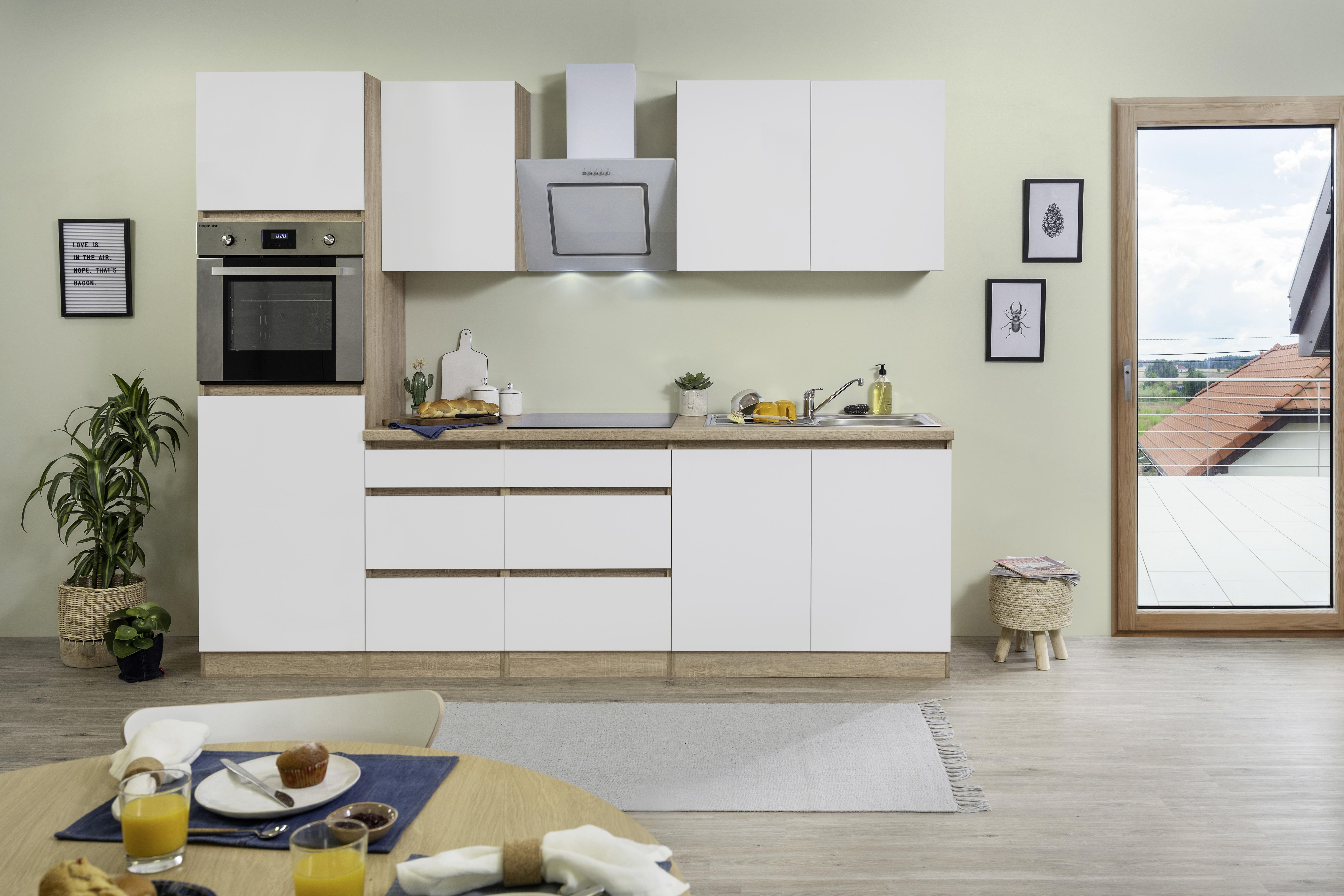 Küchenzeile Premium mit Geräten 270 cm Weiß/Eiche Dekor Modern - Eichefarben/Weiß, MODERN, Holzwerkstoff (270cm) - Respekta