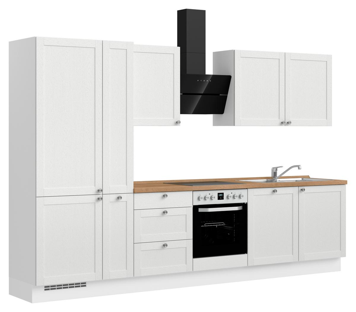 Kuchynská linka 330 cm, biela /dub Sierra - biela/farba ušľachtilej ocele, Romantik / Landhaus, kov/kompozitné drevo (330cm) - Nobilia