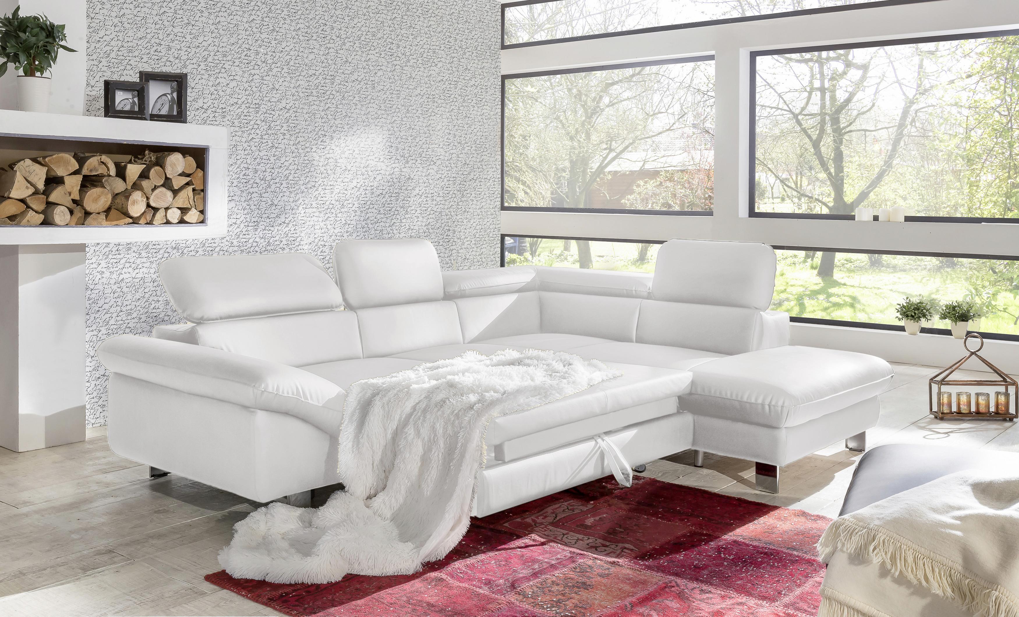 Ecksofa Mit Schlaffunktion Driver Weiß Lederlook - Chromfarben/Weiß, MODERN, Textil (266/214cm) - MID.YOU