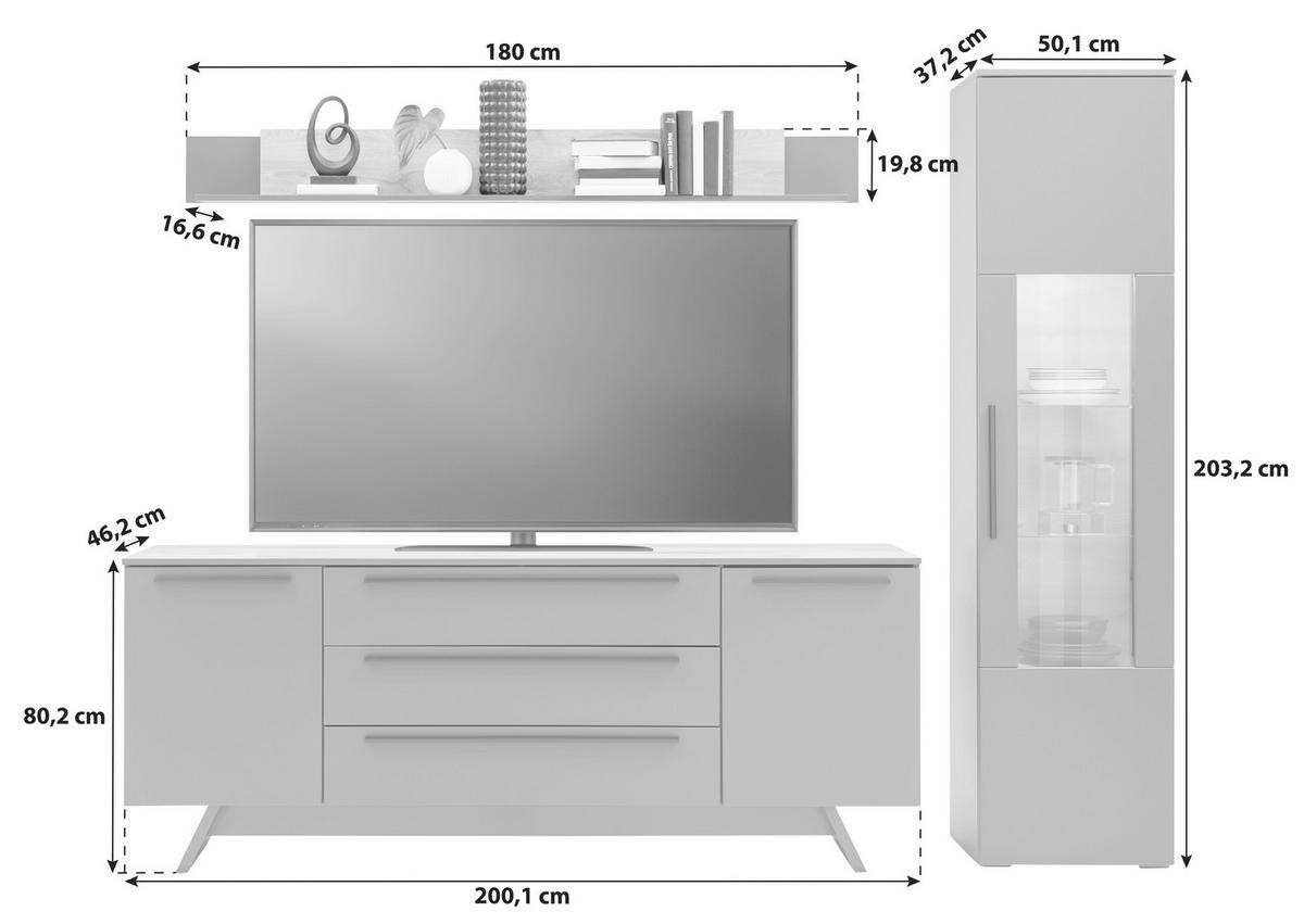 Wohnkombination Modern 3-Tlg. Atlanta Grau/Eiche Dekor - Eichefarben/Silberfarben, MODERN, Glas/Holzwerkstoff (250/203,2/46,2cm)